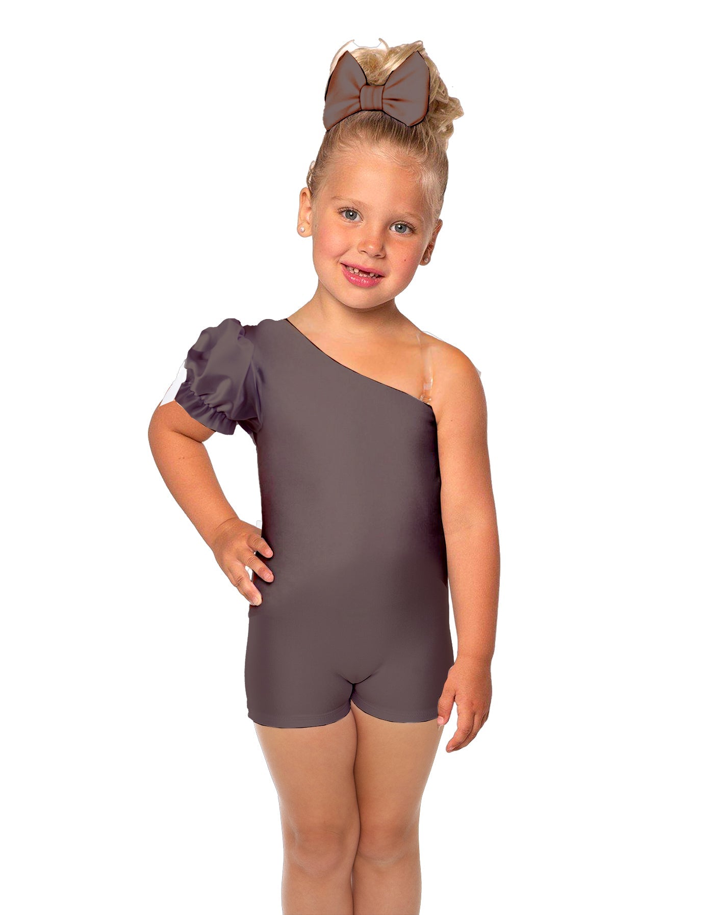 Solid Lycra One Shoulder Puff Sleeve Biketard