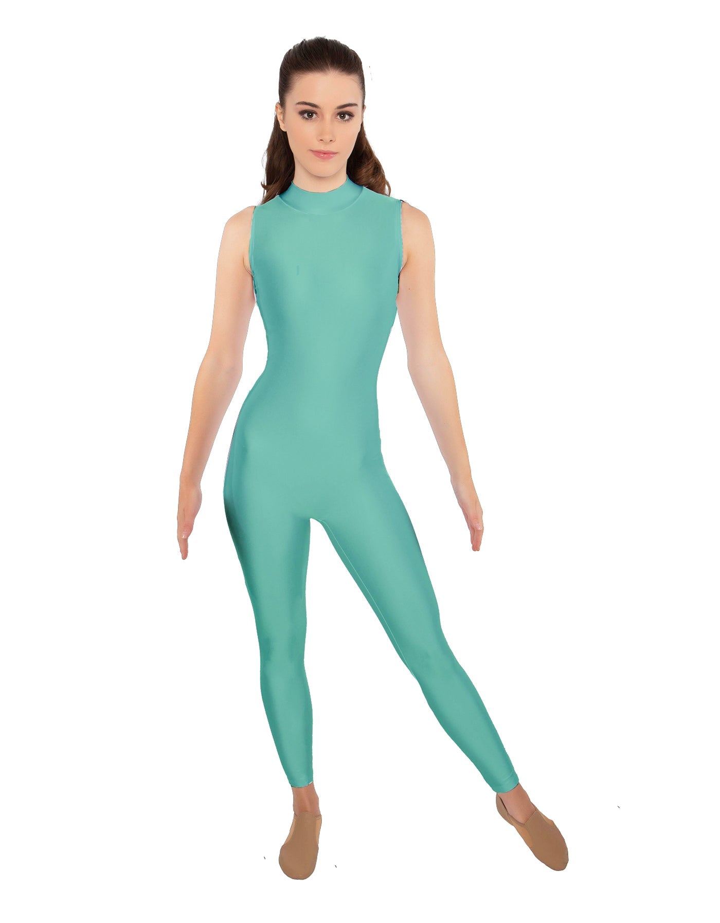 Solid Lycra Tneck Sleeveless Open Back Unitard