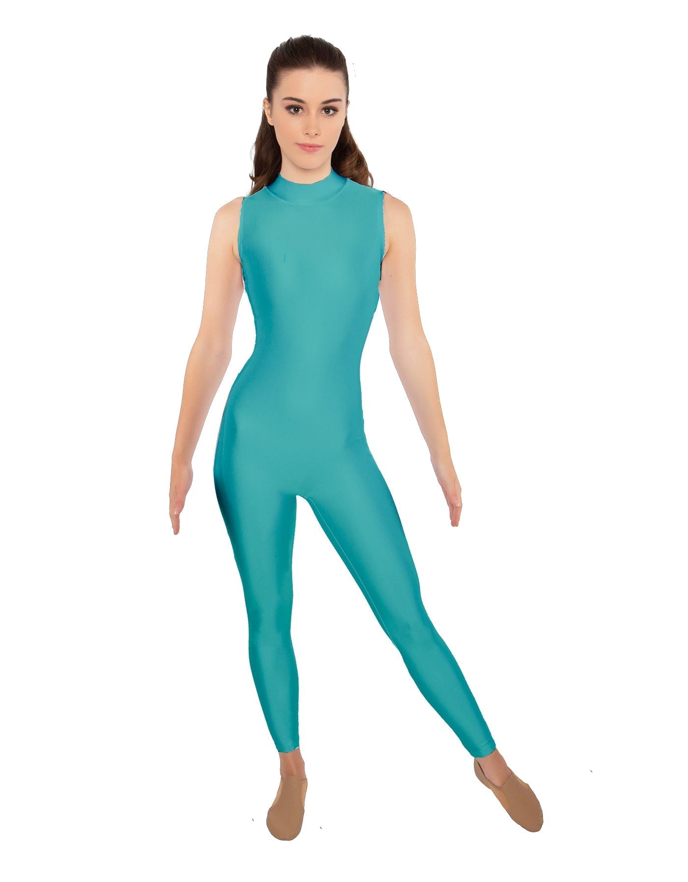 Solid Lycra Tneck Sleeveless Open Back Unitard