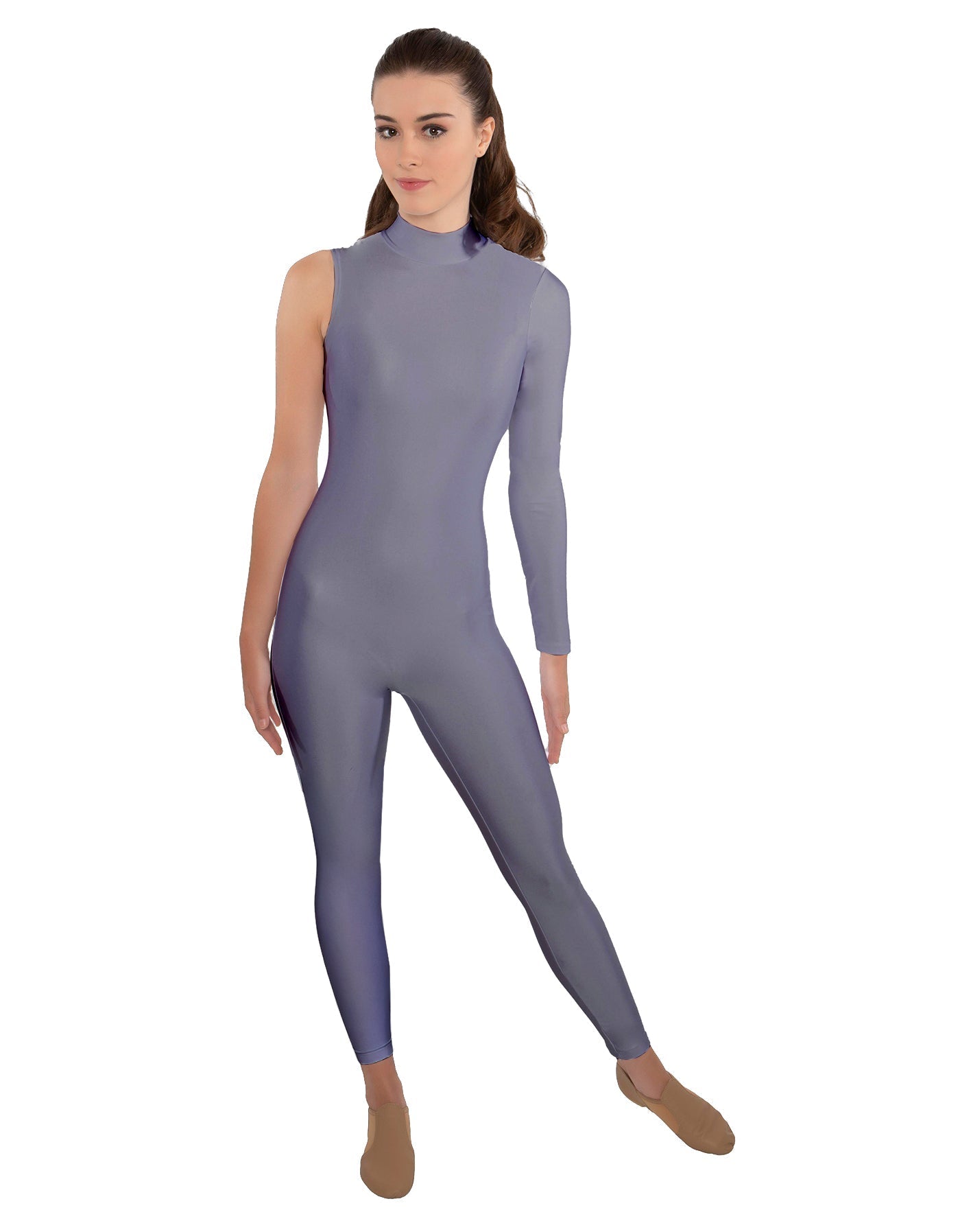 Solid Lycra One Sleeve TNeck Zipper Back Unitard