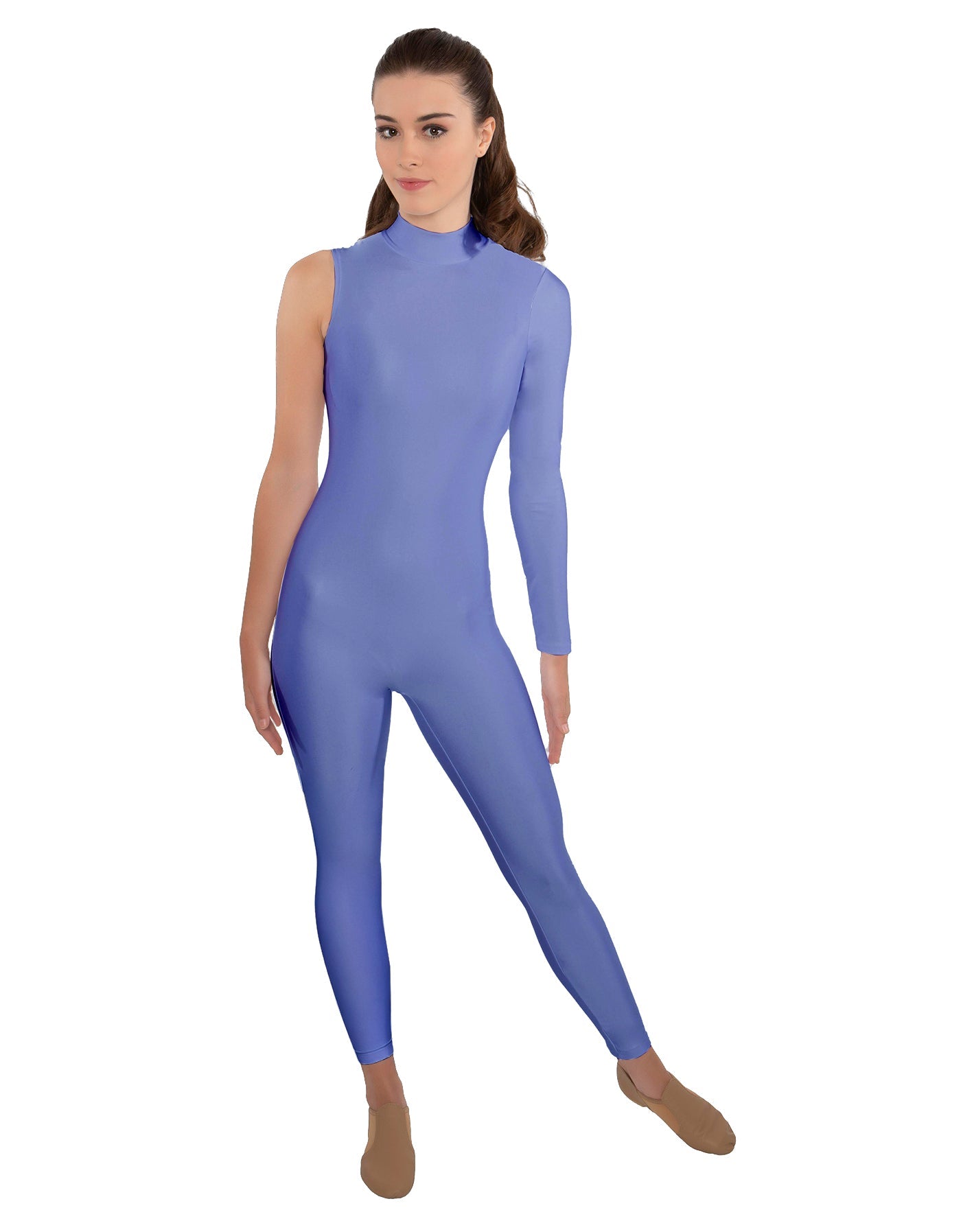 Solid Lycra One Sleeve TNeck Zipper Back Unitard