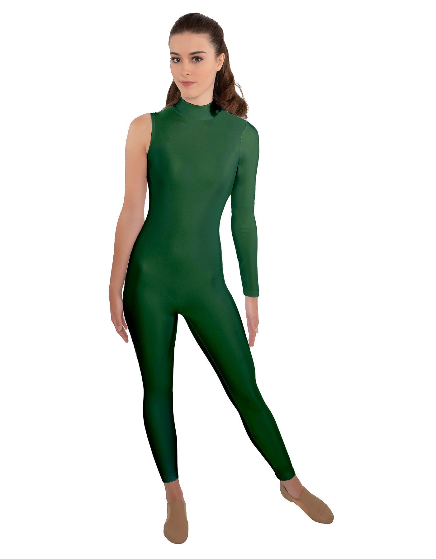 Solid Lycra One Sleeve TNeck Zipper Back Unitard