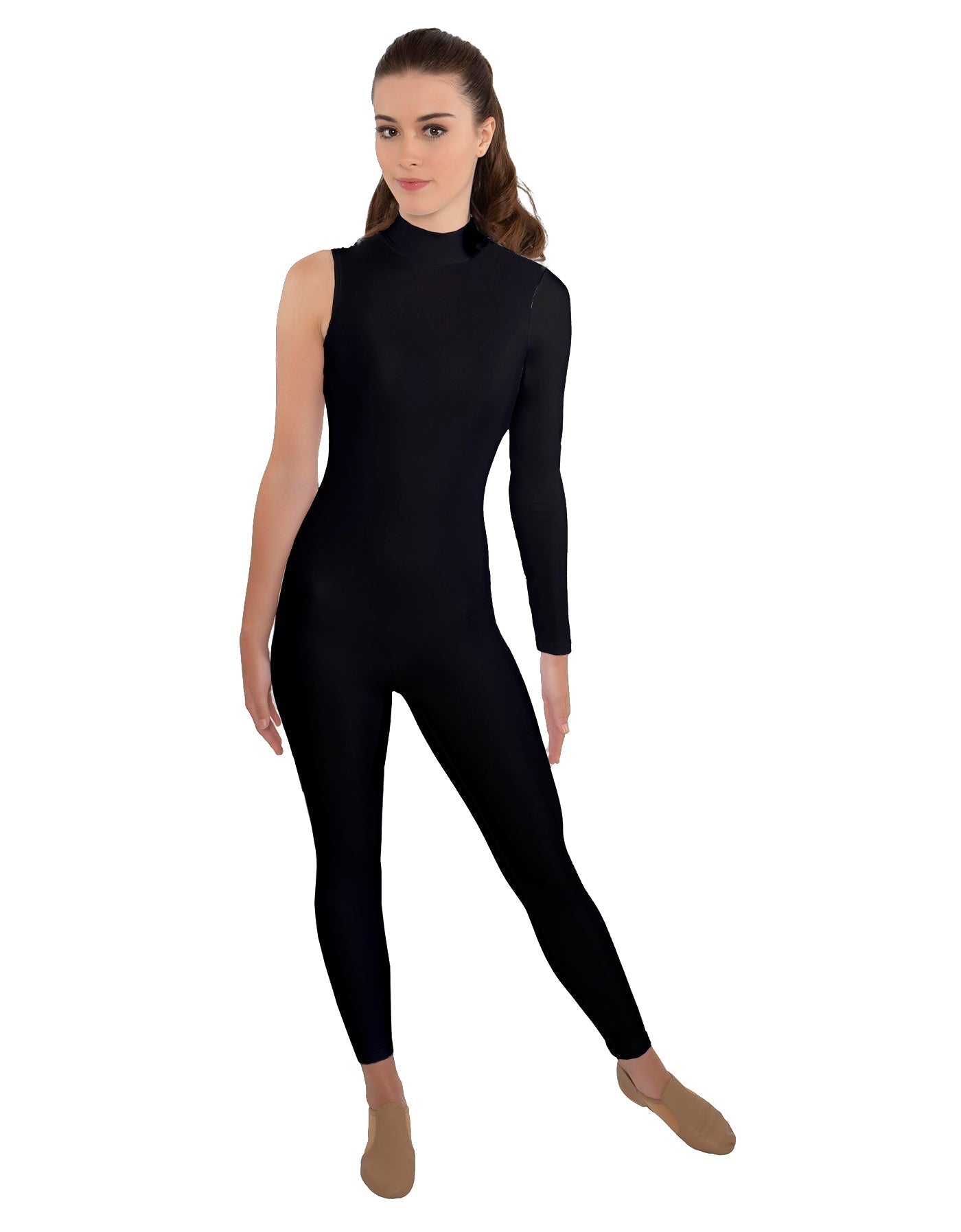 Solid Lycra One Sleeve TNeck Zipper Back Unitard