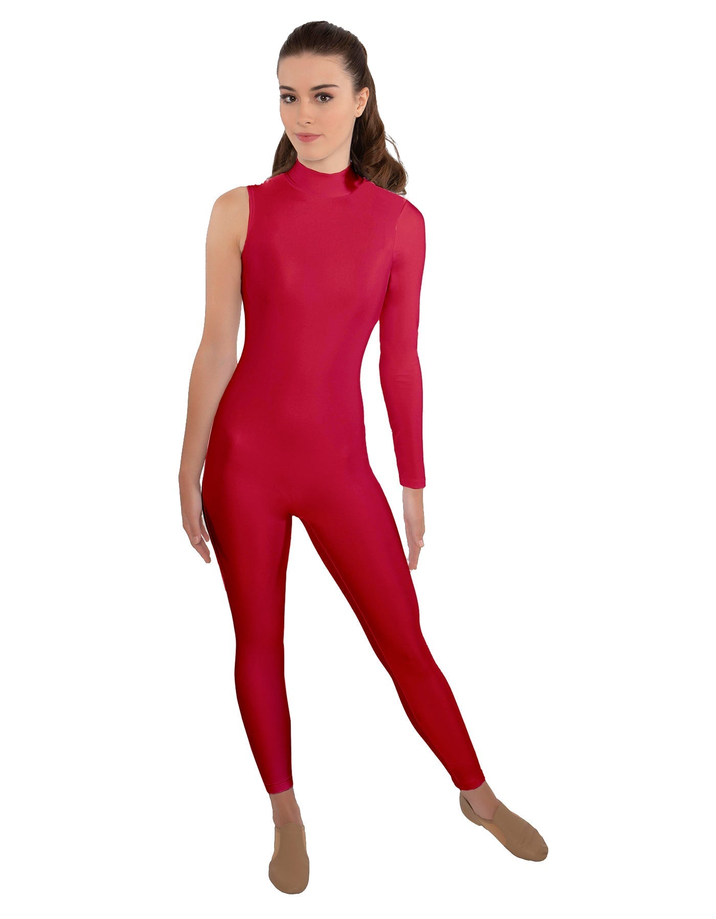 Solid Lycra One Sleeve TNeck Zipper Back Unitard