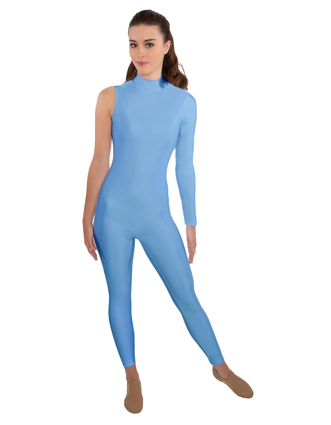 Solid Lycra One Sleeve TNeck Zipper Back Unitard