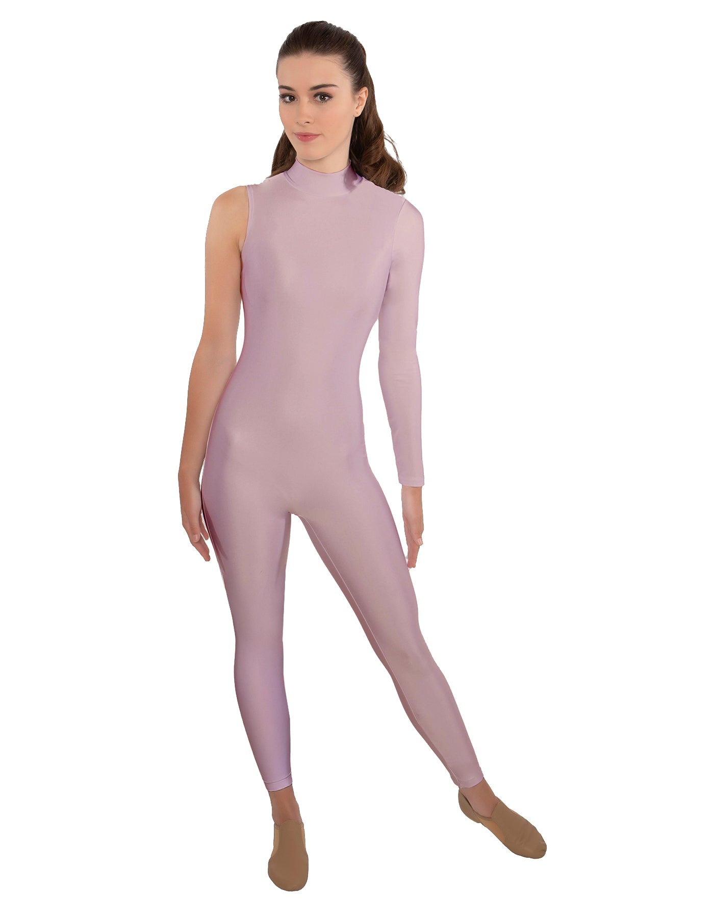 Solid Lycra One Sleeve TNeck Zipper Back Unitard