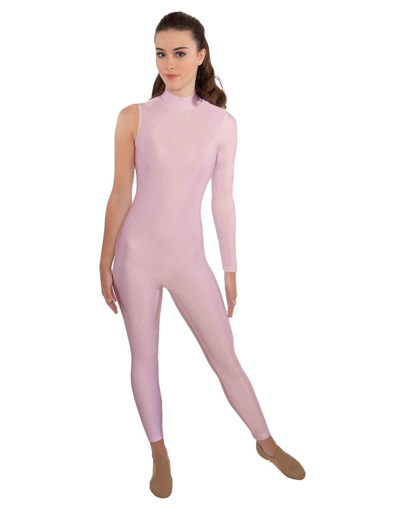 Solid Lycra One Sleeve TNeck Zipper Back Unitard