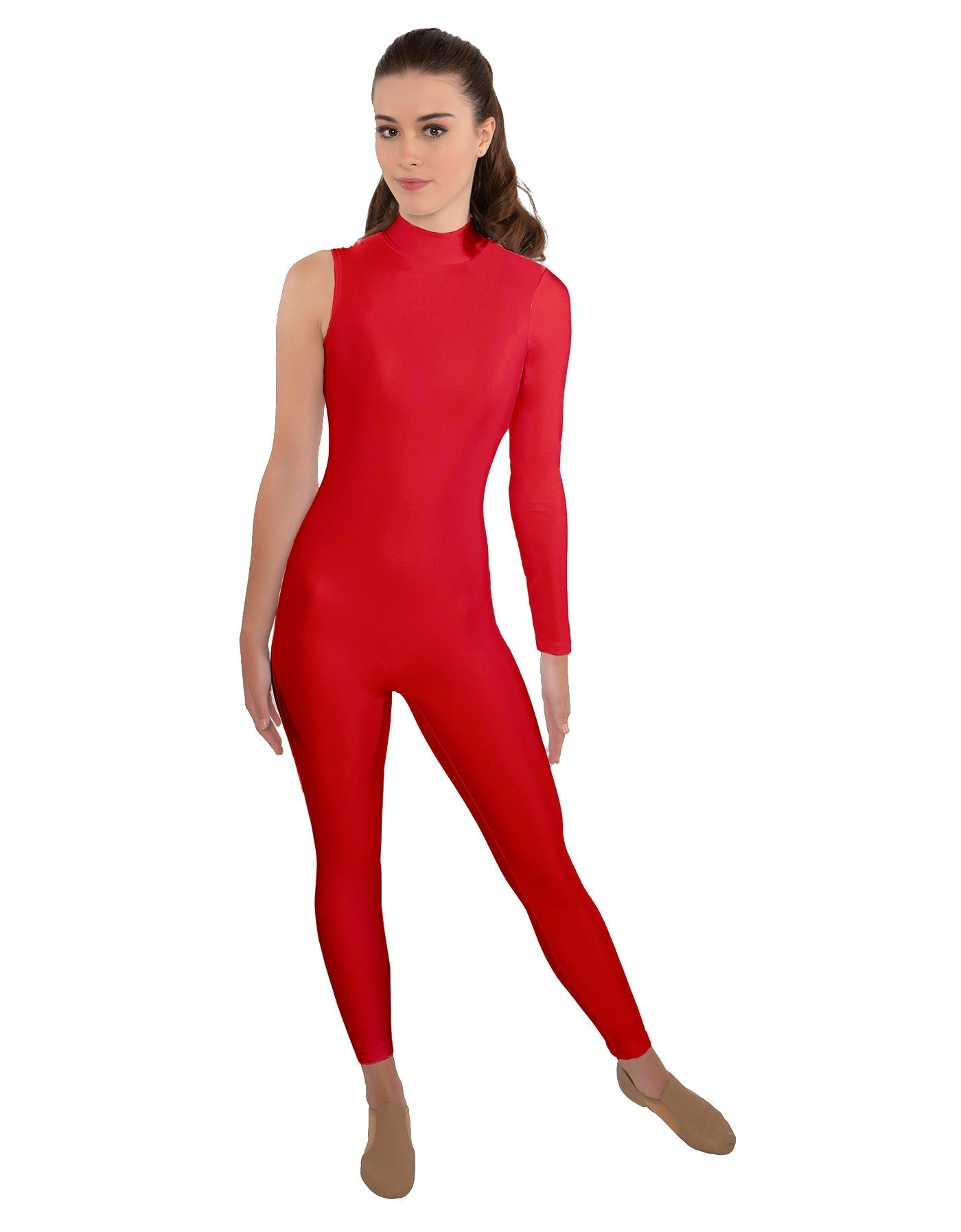 Solid Lycra One Sleeve TNeck Zipper Back Unitard