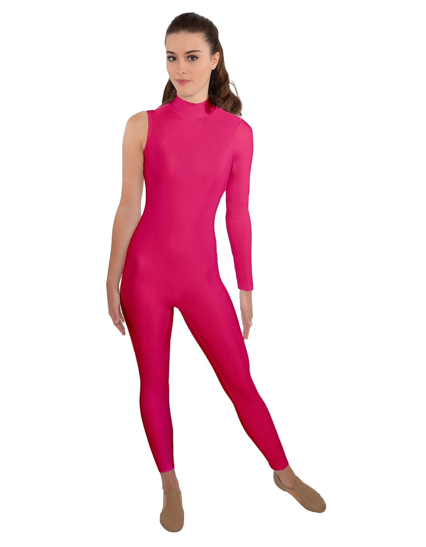 Solid Lycra One Sleeve TNeck Zipper Back Unitard