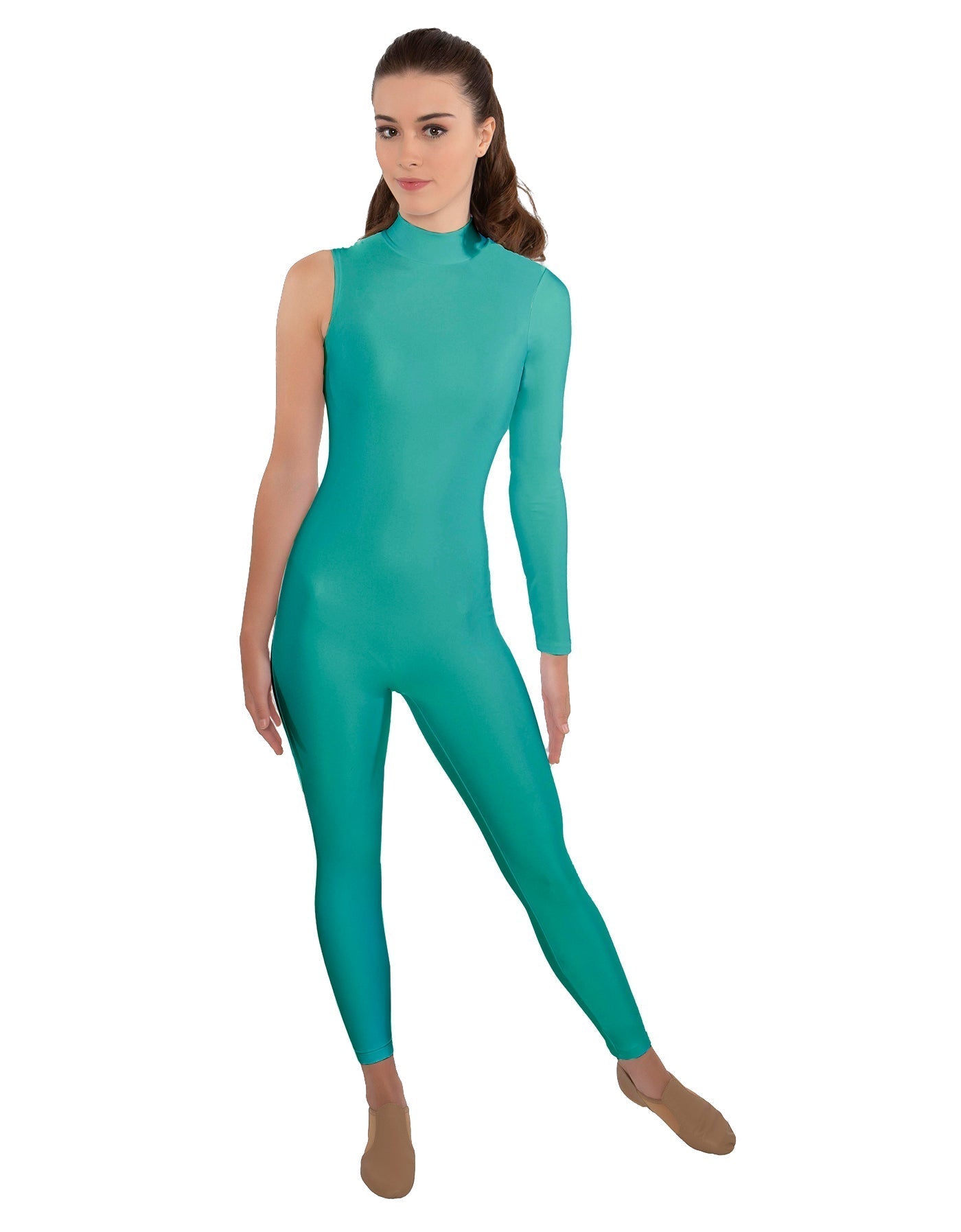 Solid Lycra One Sleeve TNeck Zipper Back Unitard