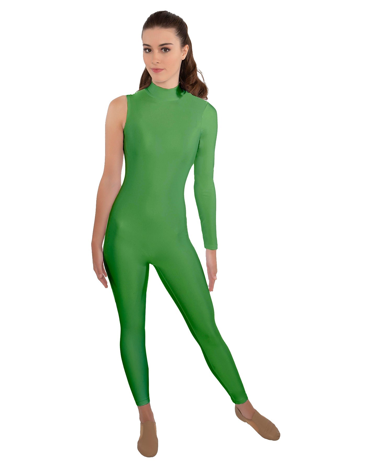 Solid Lycra One Sleeve TNeck Zipper Back Unitard