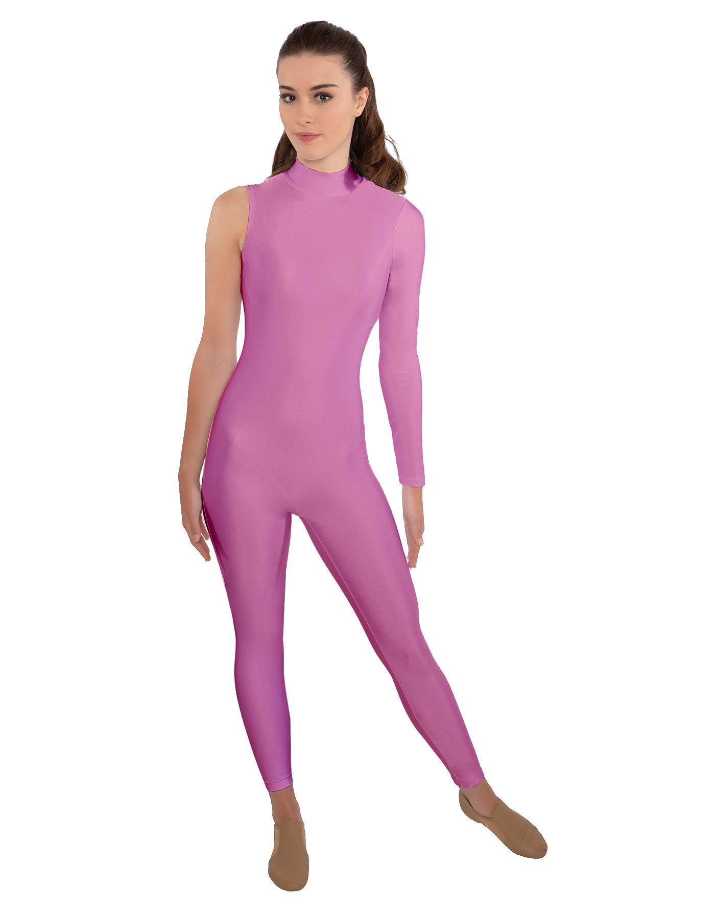 Solid Lycra One Sleeve TNeck Zipper Back Unitard