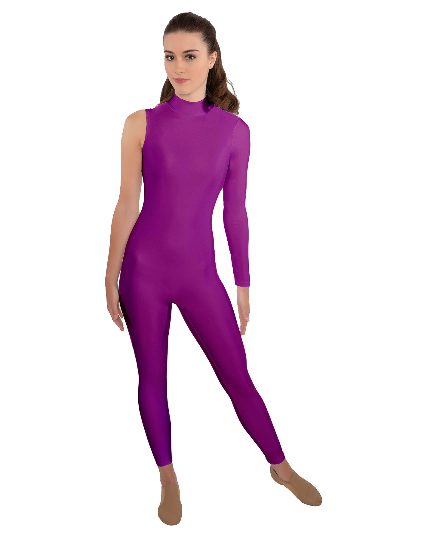 Solid Lycra One Sleeve TNeck Zipper Back Unitard