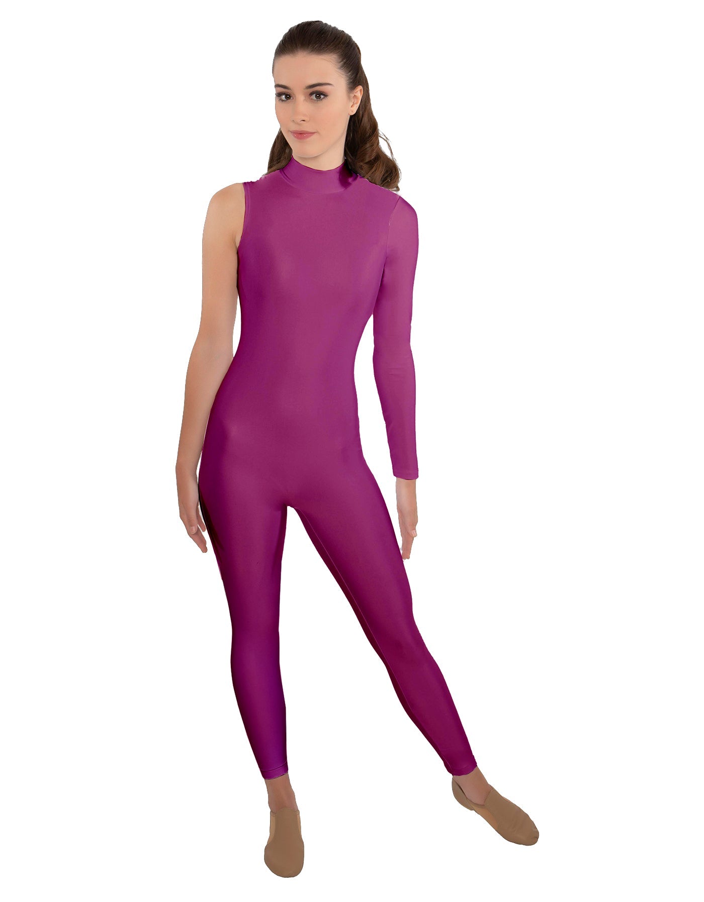 Solid Lycra One Sleeve TNeck Zipper Back Unitard
