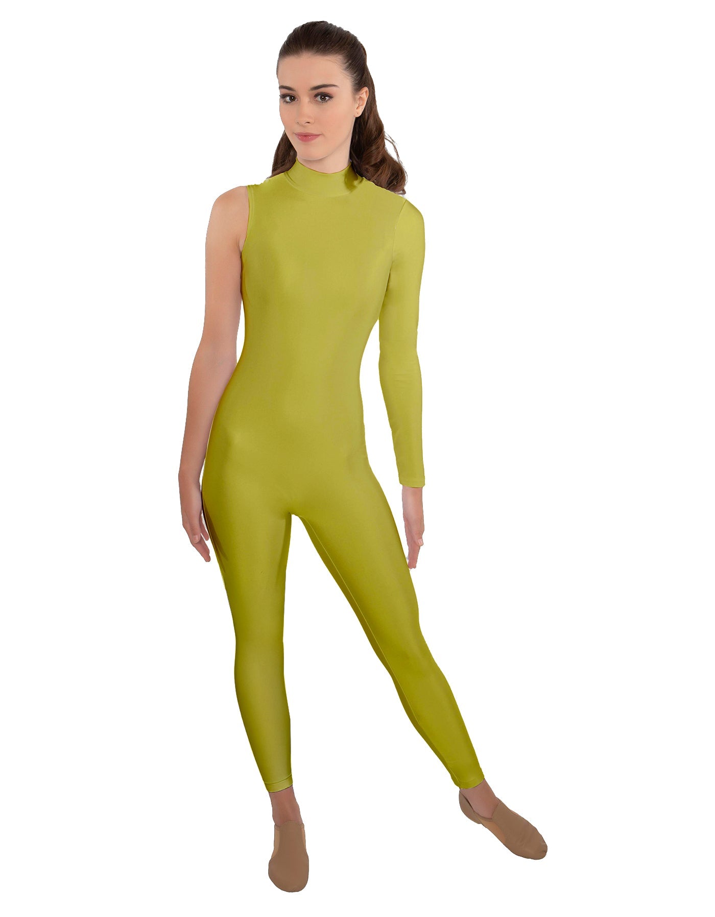 Solid Lycra One Sleeve TNeck Zipper Back Unitard