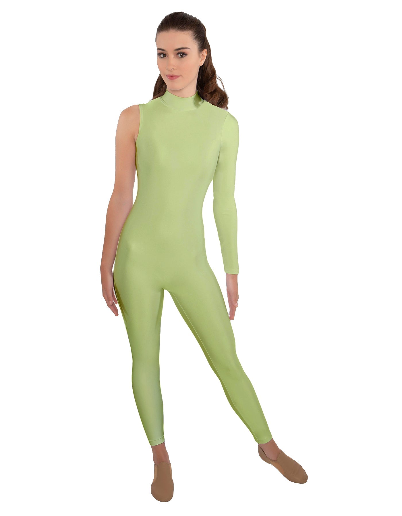 Solid Lycra One Sleeve TNeck Zipper Back Unitard