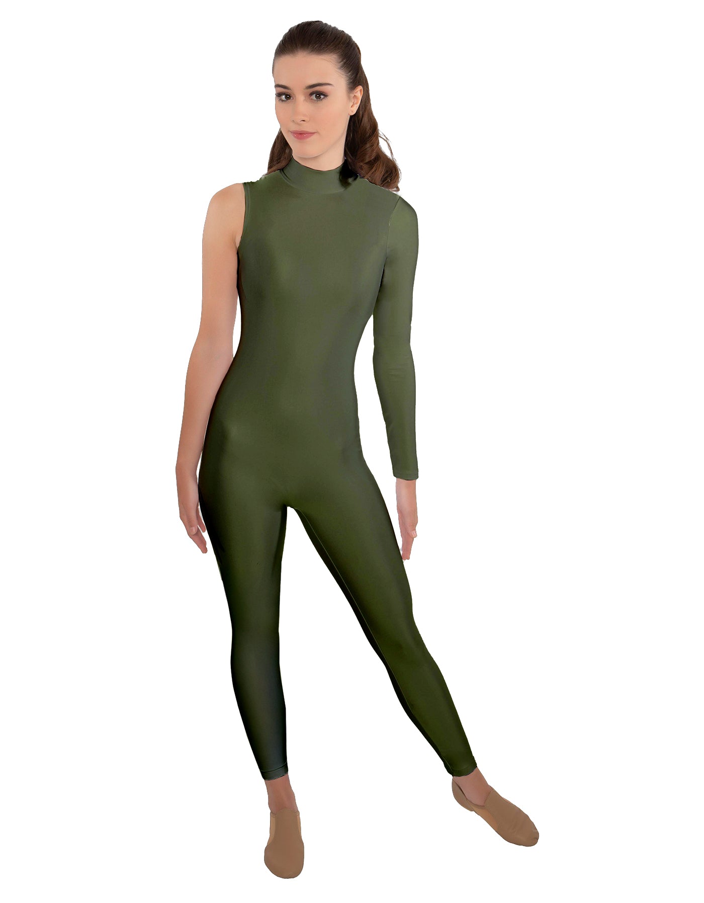 Solid Lycra One Sleeve TNeck Zipper Back Unitard