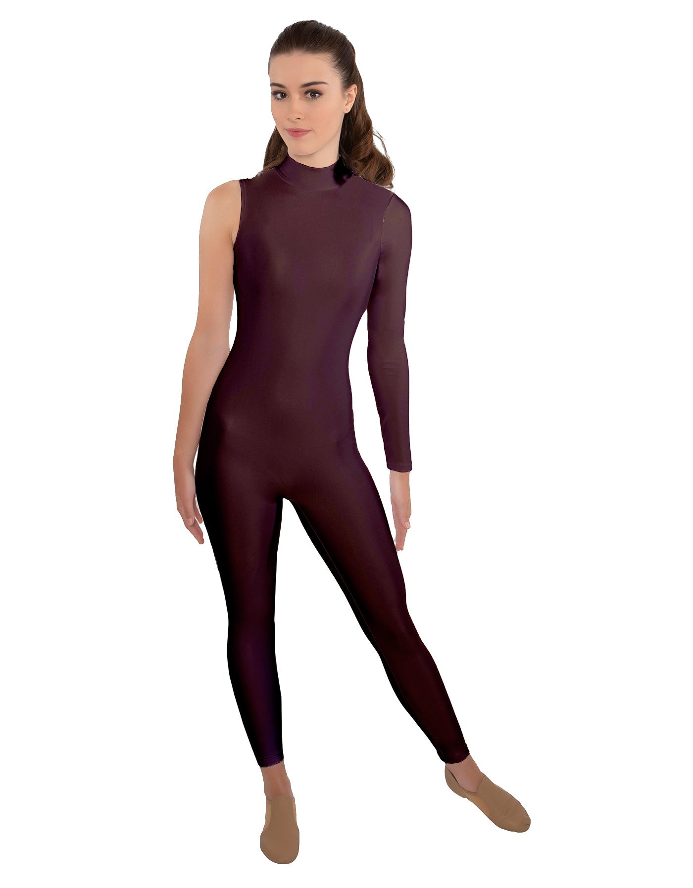 Solid Lycra One Sleeve TNeck Zipper Back Unitard