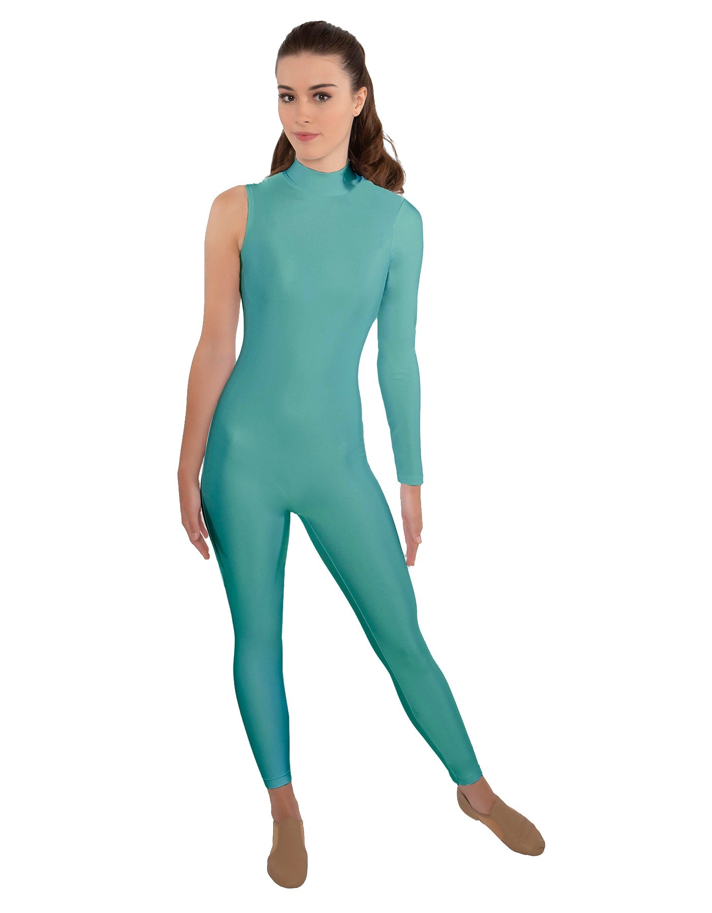 Solid Lycra One Sleeve TNeck Zipper Back Unitard