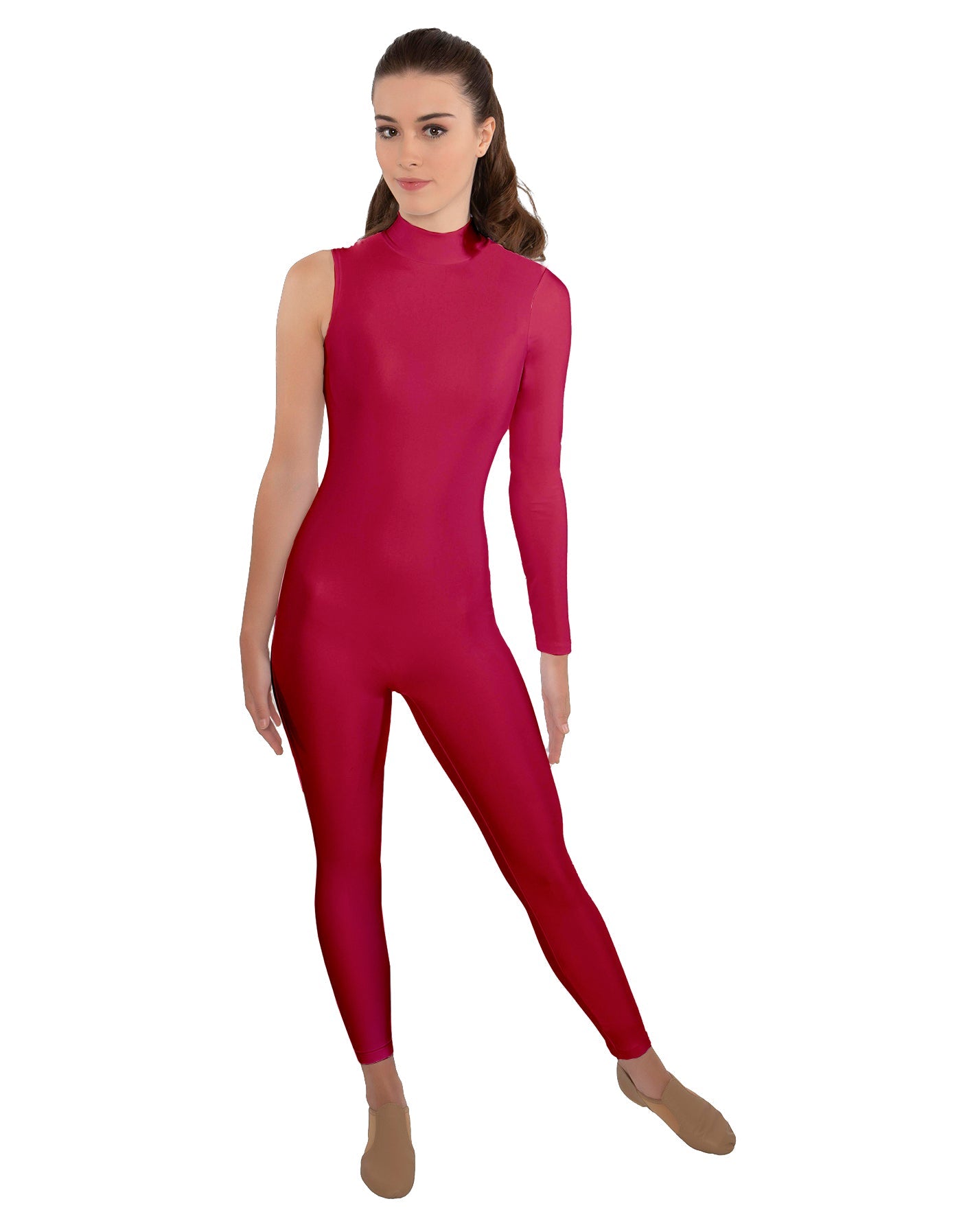 Solid Lycra One Sleeve TNeck Zipper Back Unitard
