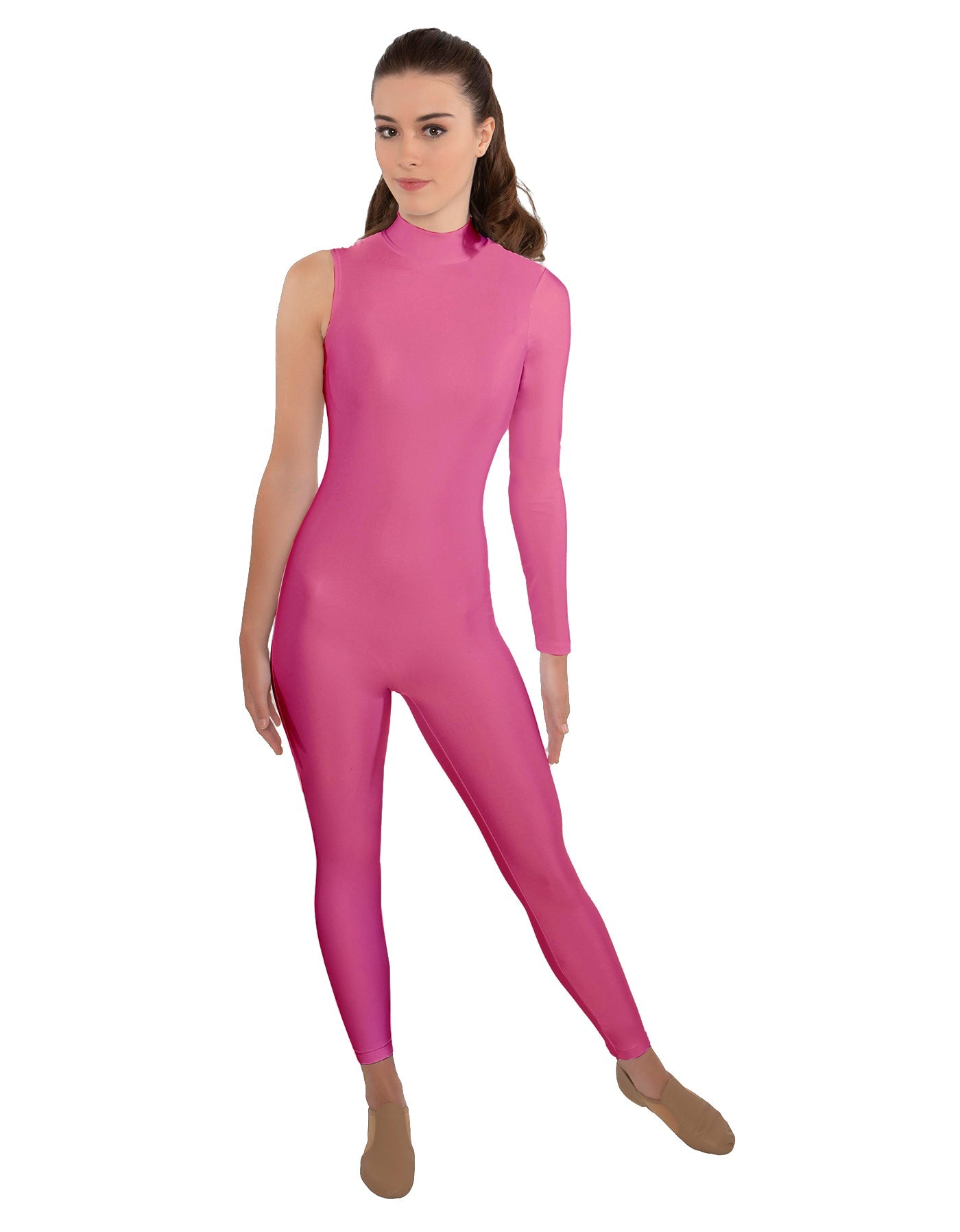 Solid Lycra One Sleeve TNeck Zipper Back Unitard