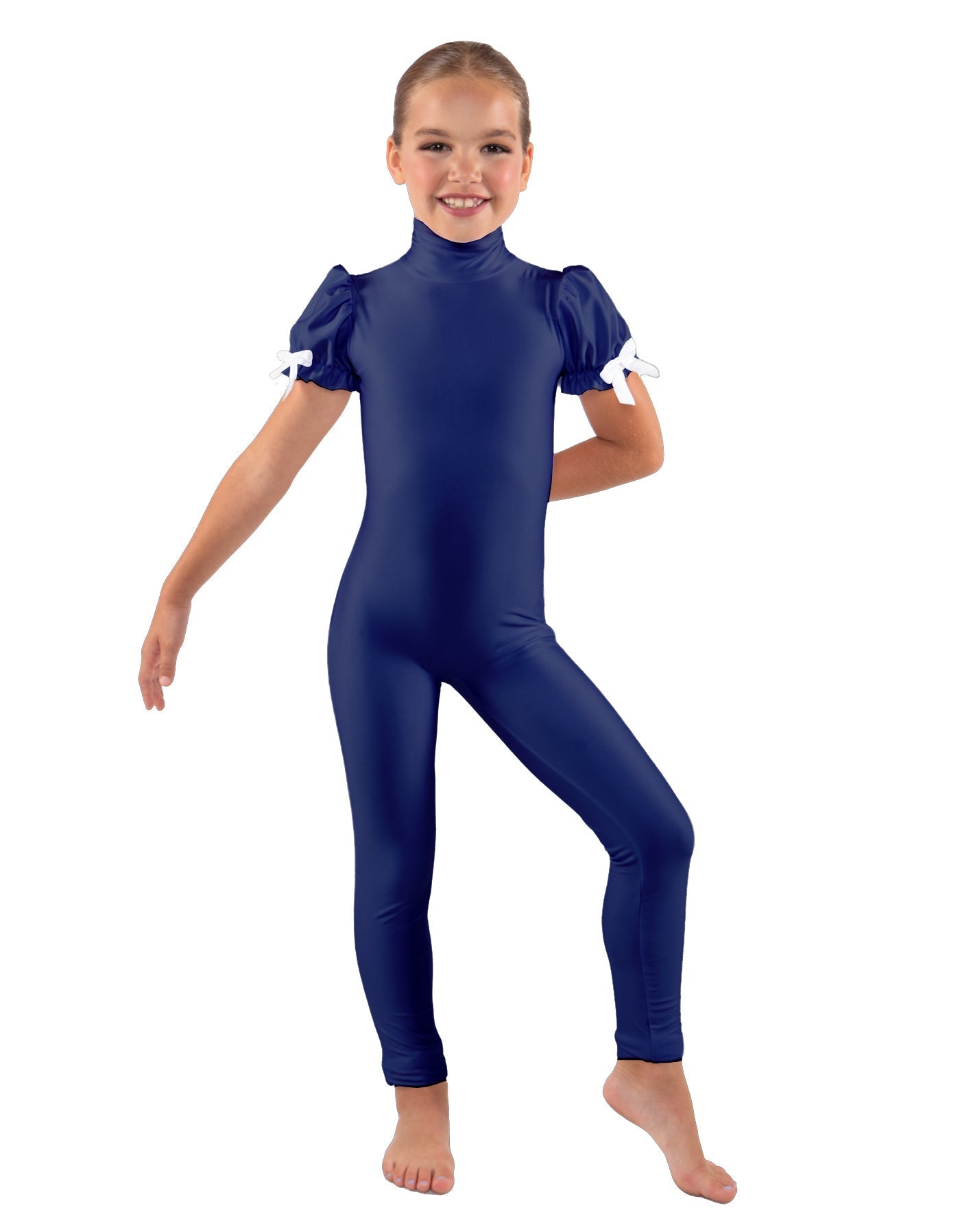 Solid Lycra Puff Sleeve Zipper Back Unitard