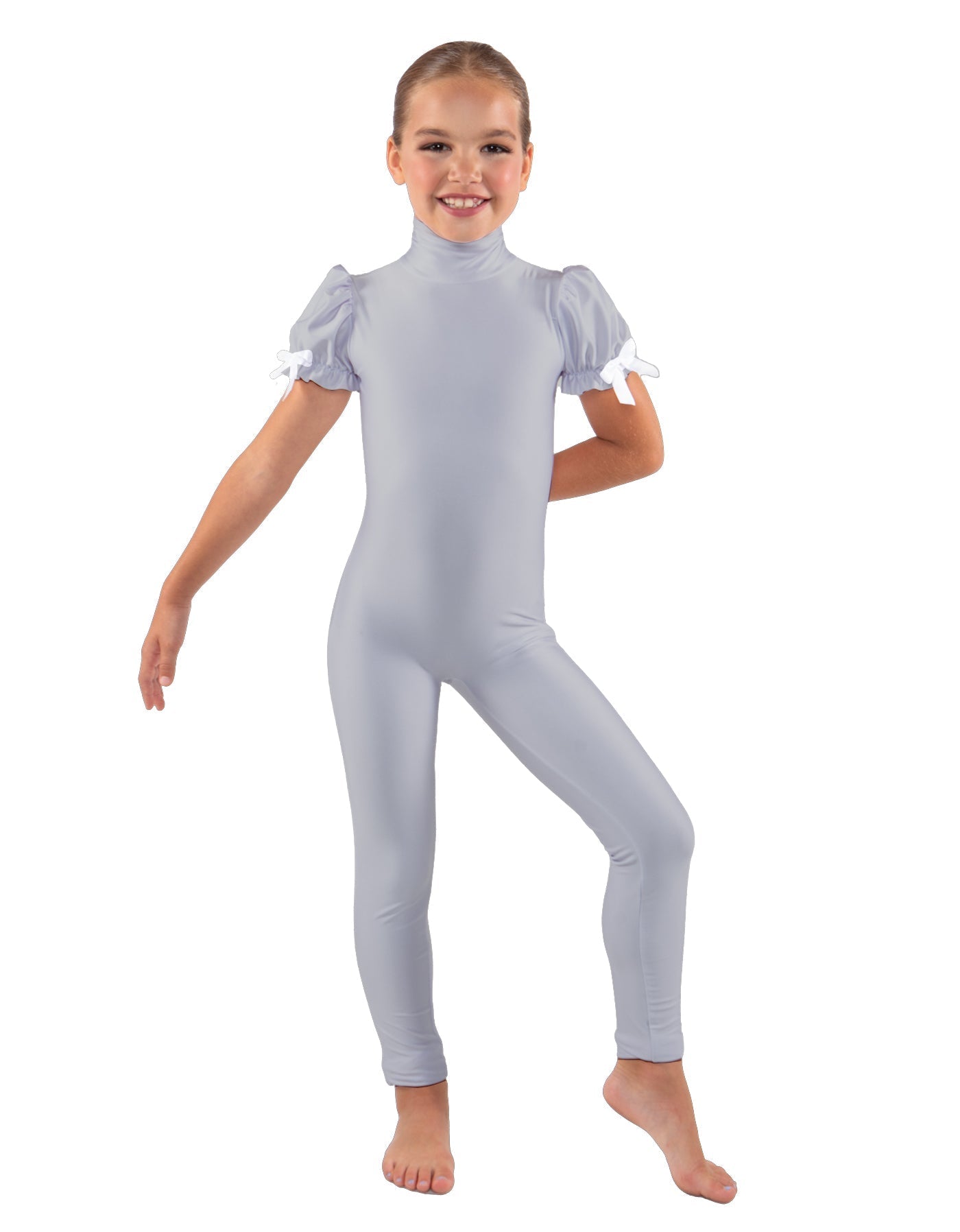 Solid Lycra Puff Sleeve Zipper Back Unitard