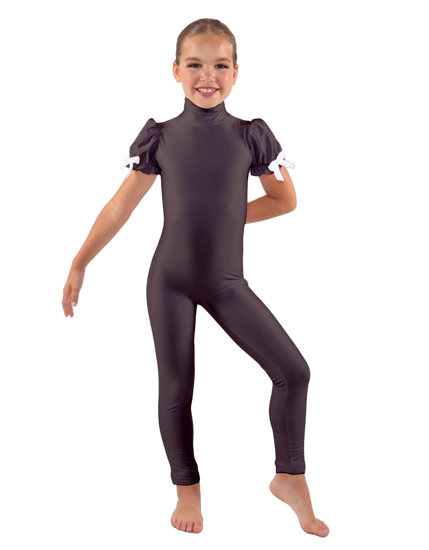 Solid Lycra Puff Sleeve Zipper Back Unitard