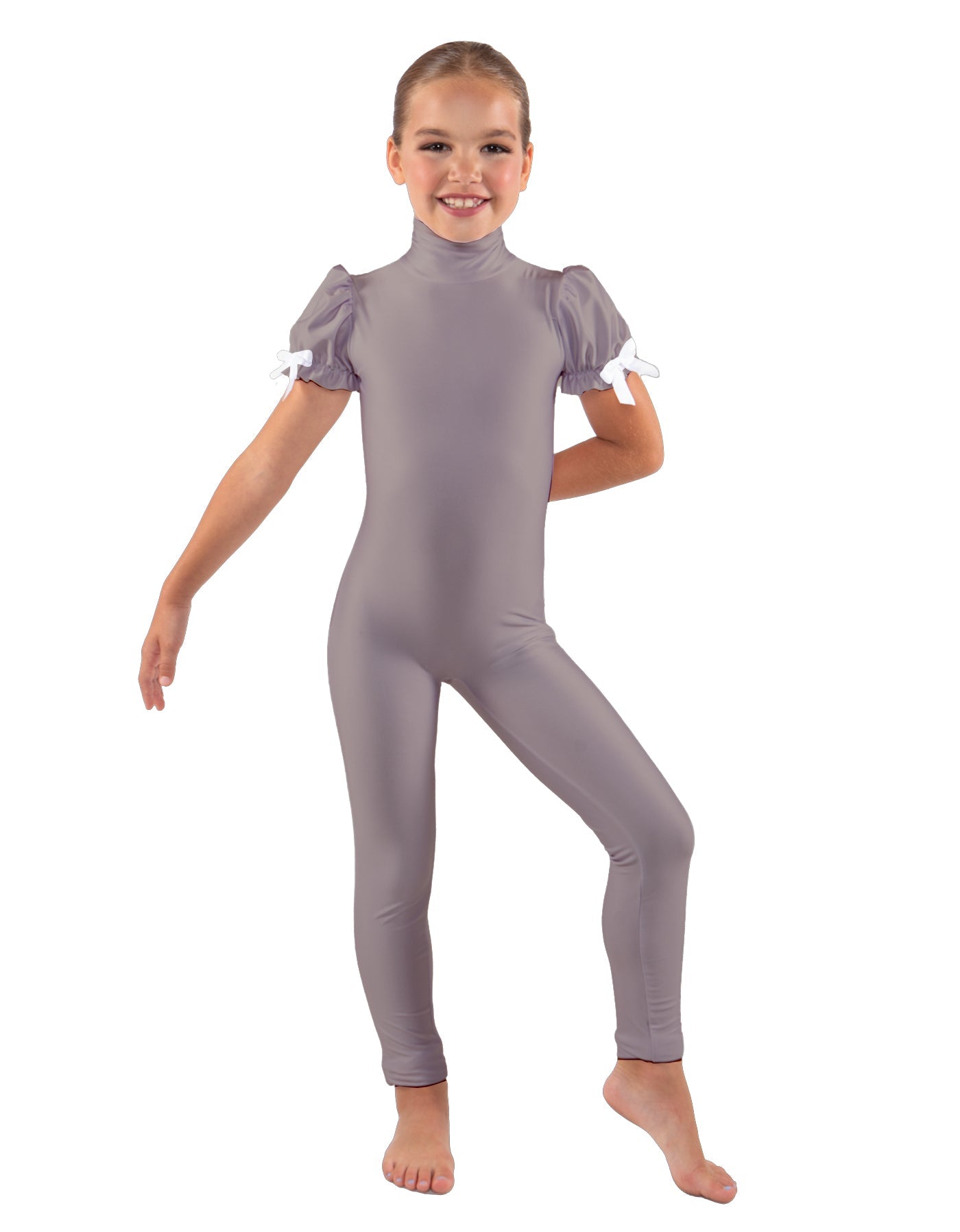 Solid Lycra Puff Sleeve Zipper Back Unitard