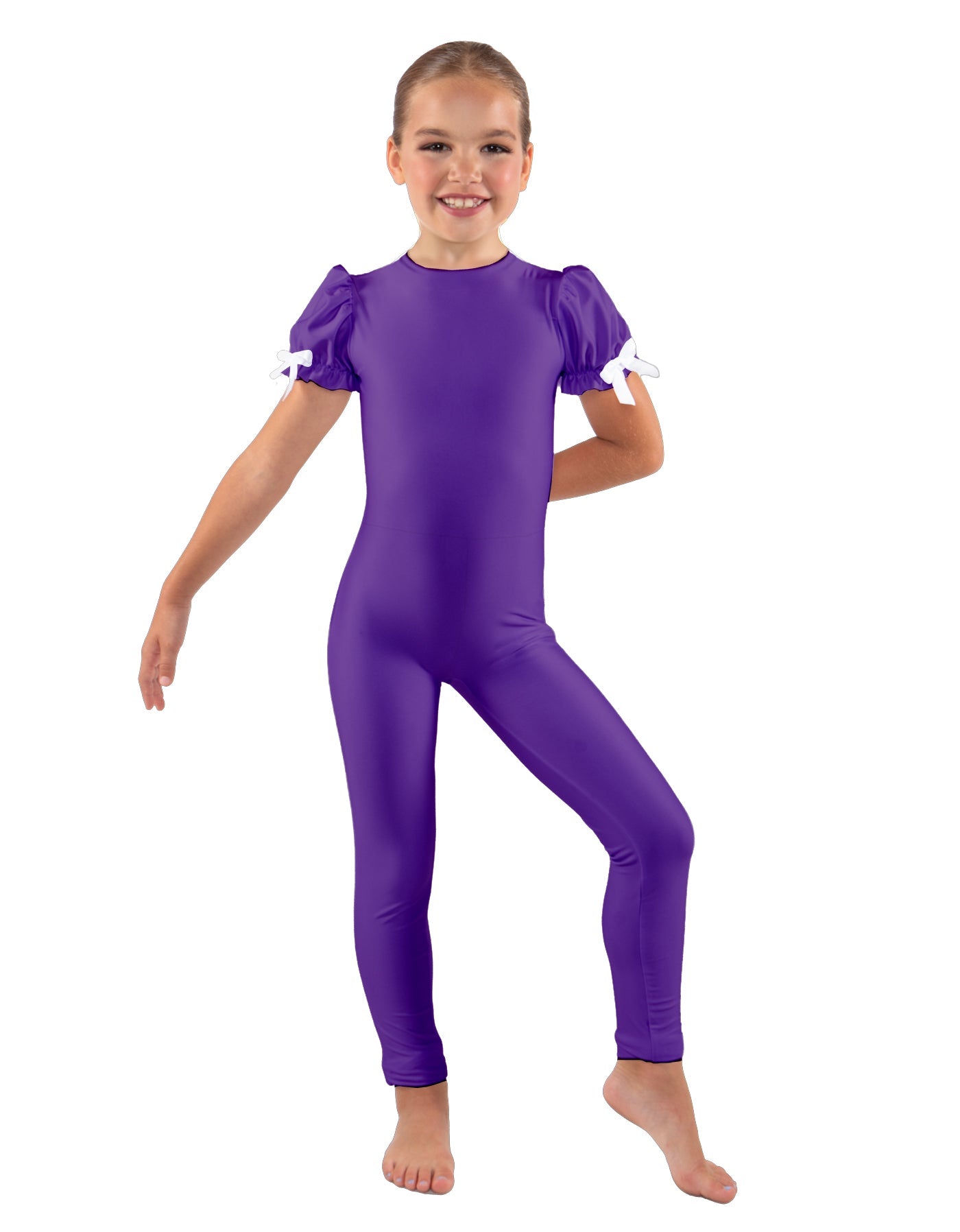 Solid Lycra Puff Sleeve Round Neck Keyhole Unitard