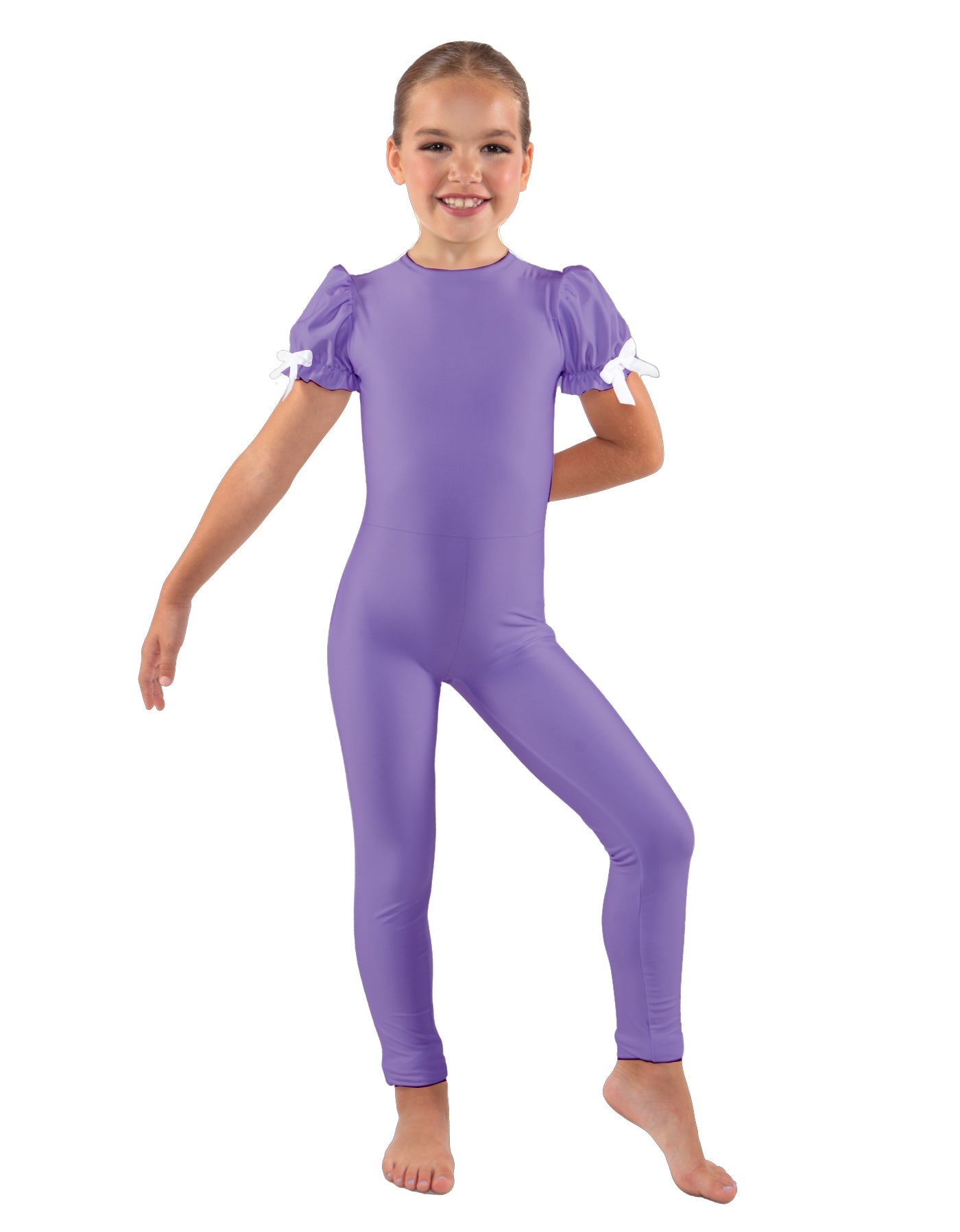 Solid Lycra Puff Sleeve Round Neck Keyhole Unitard