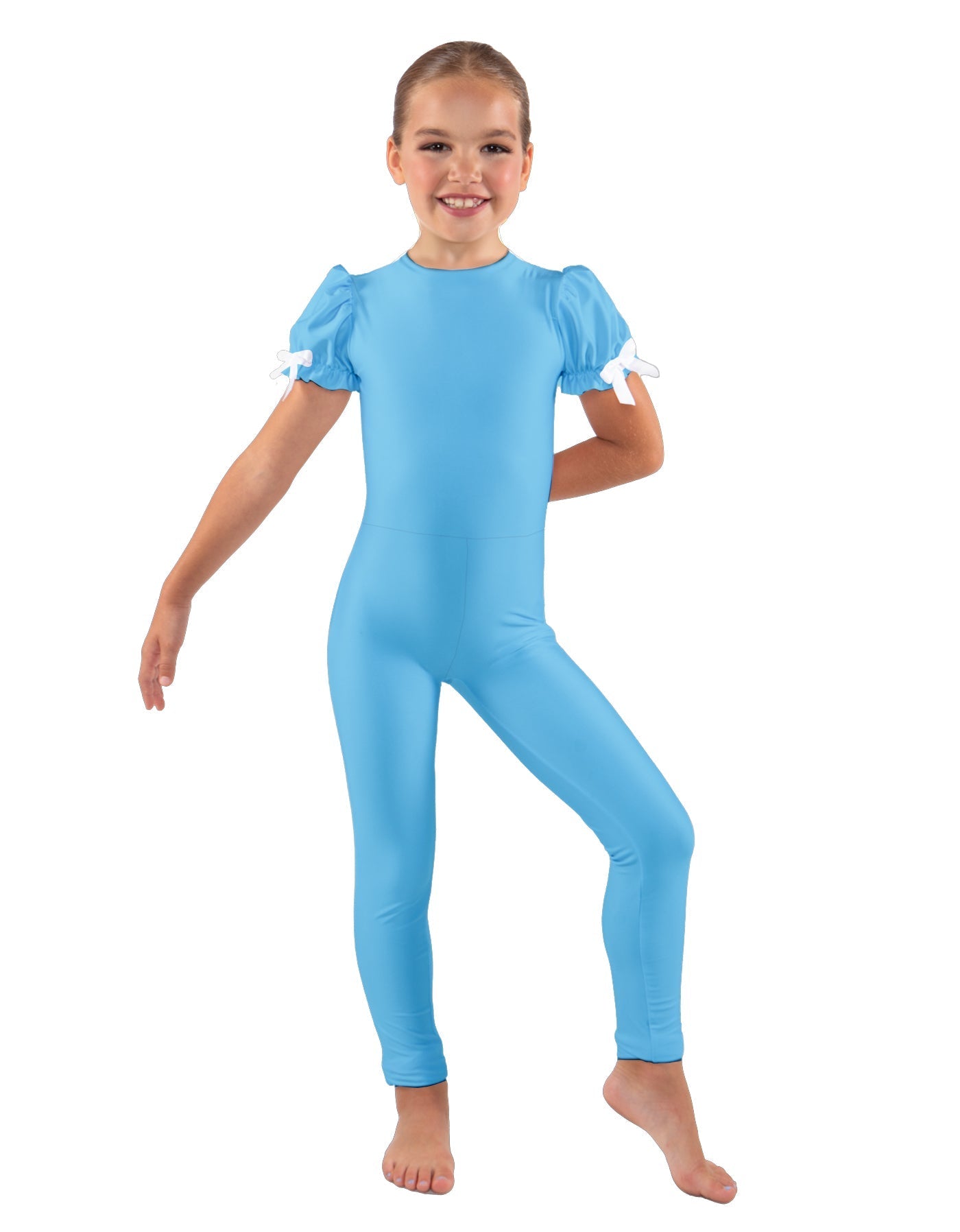 Solid Lycra Puff Sleeve Round Neck Keyhole Unitard