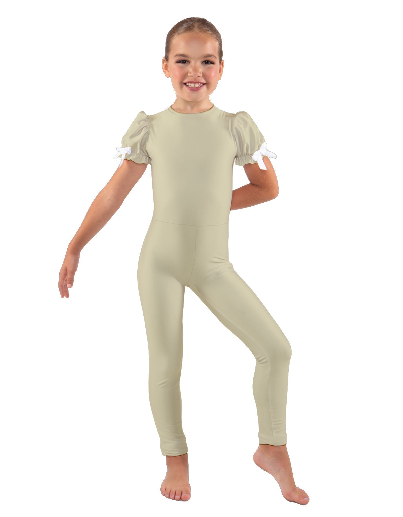 Solid Lycra Puff Sleeve Round Neck Keyhole Unitard