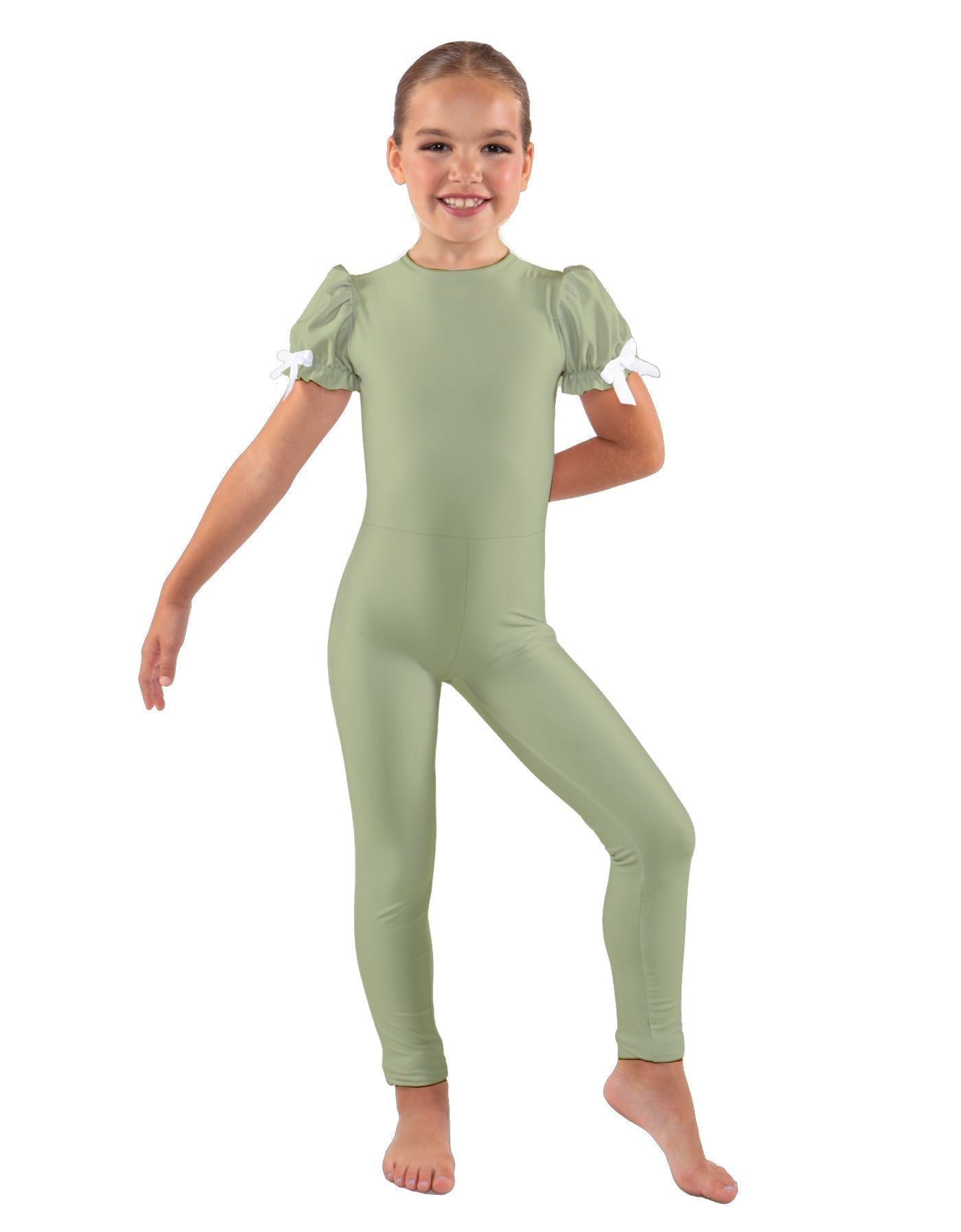 Solid Lycra Puff Sleeve Round Neck Keyhole Unitard