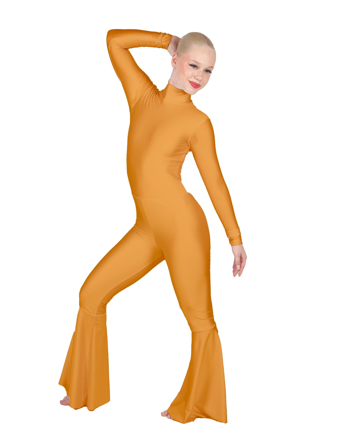 Solid Lycra LS Zipper Back Wide Flare Pant Unitard