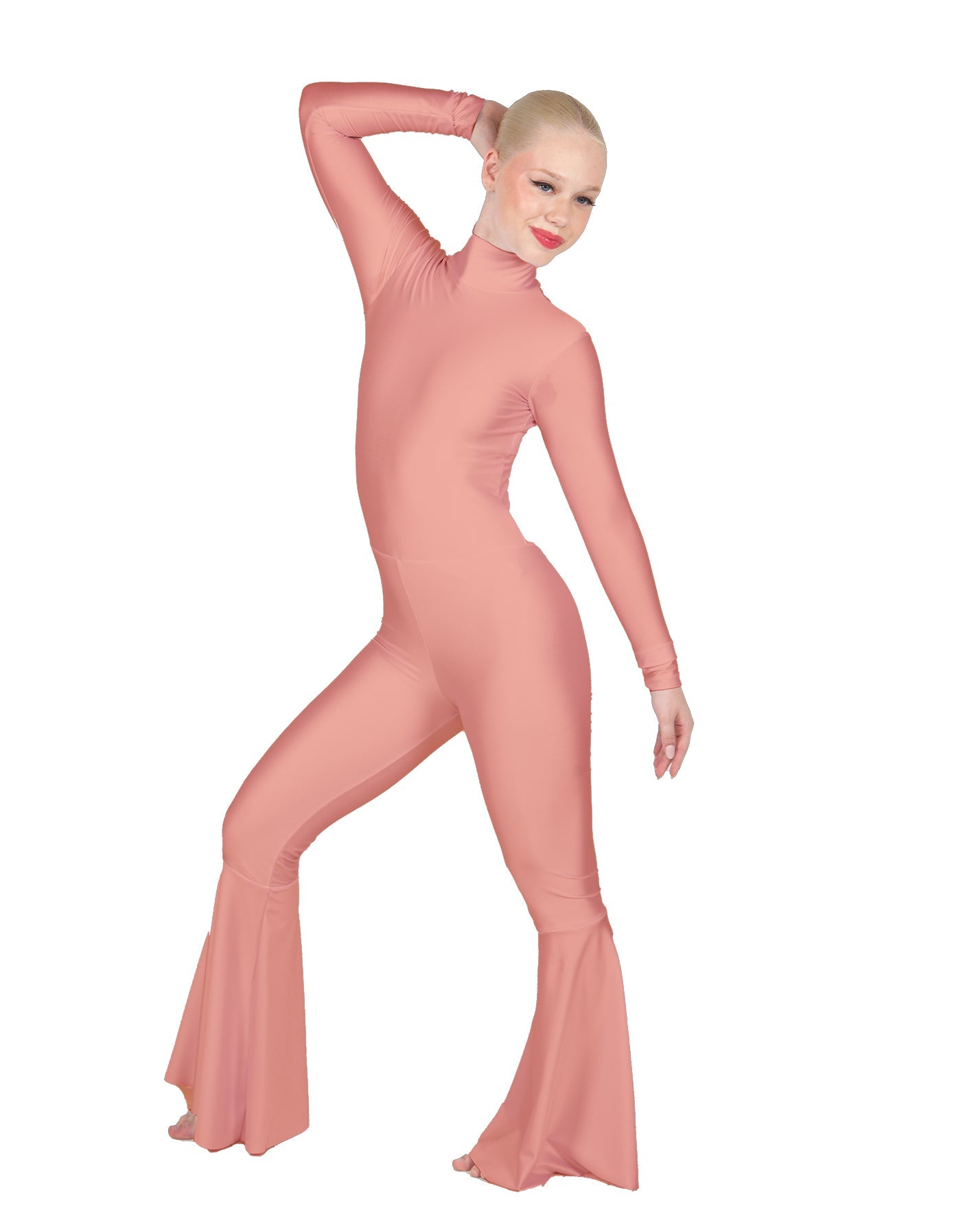 Solid Lycra LS Zipper Back Wide Flare Pant Unitard