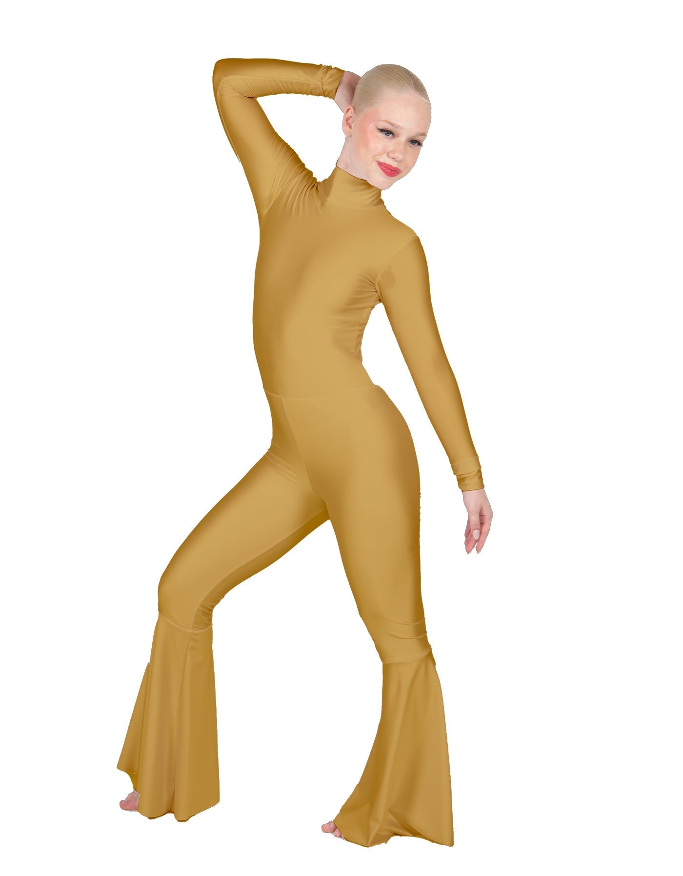 Solid Lycra LS Zipper Back Wide Flare Pant Unitard