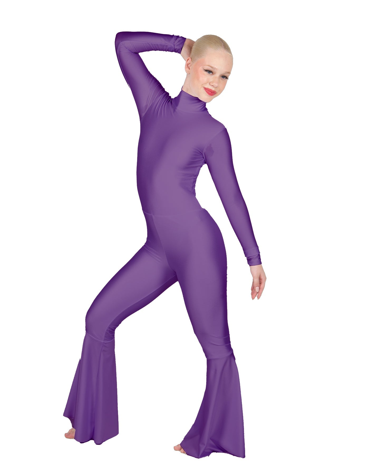 Solid Lycra LS Zipper Back Wide Flare Pant Unitard