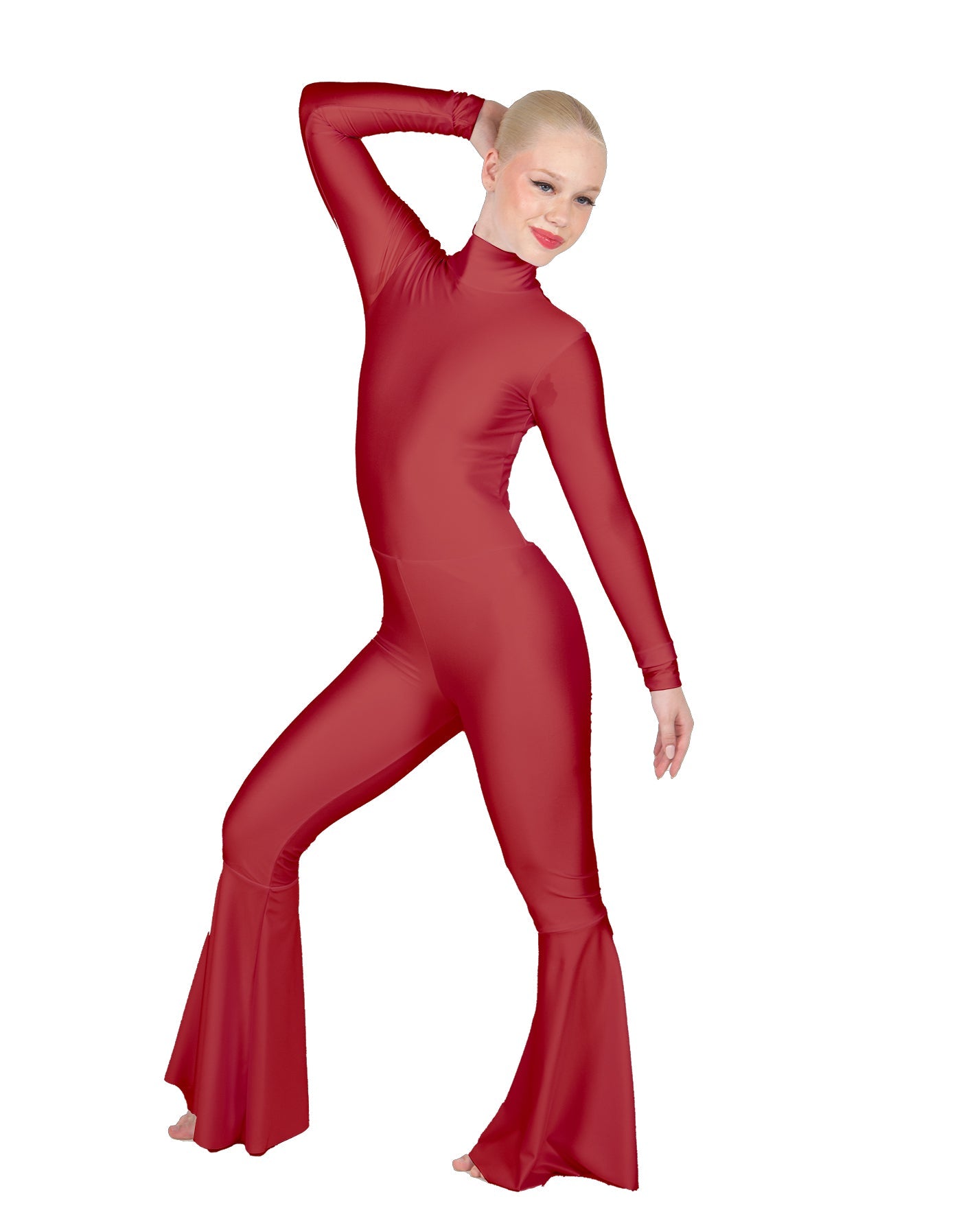 Solid Lycra LS Zipper Back Wide Flare Pant Unitard