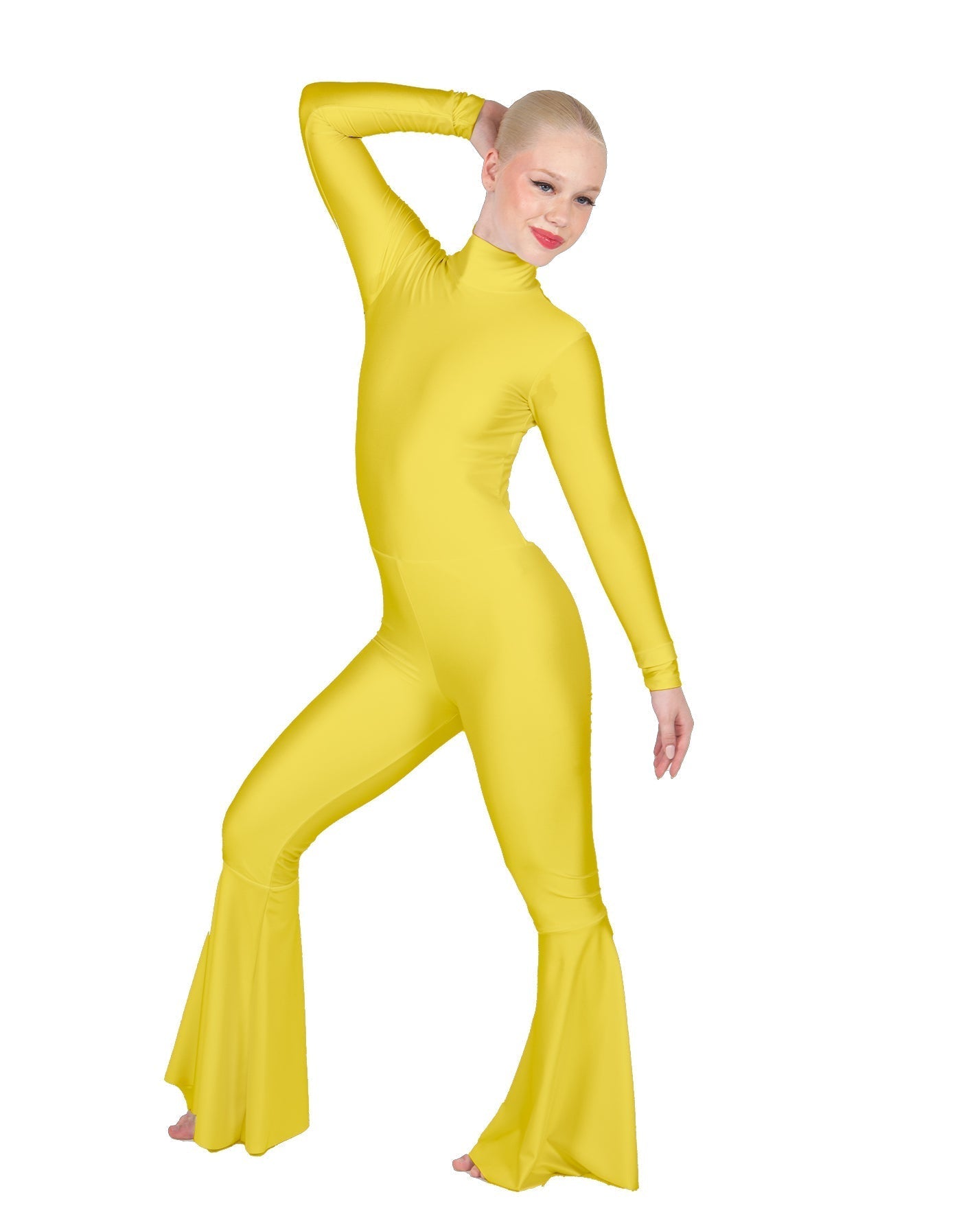 Solid Lycra LS Zipper Back Wide Flare Pant Unitard