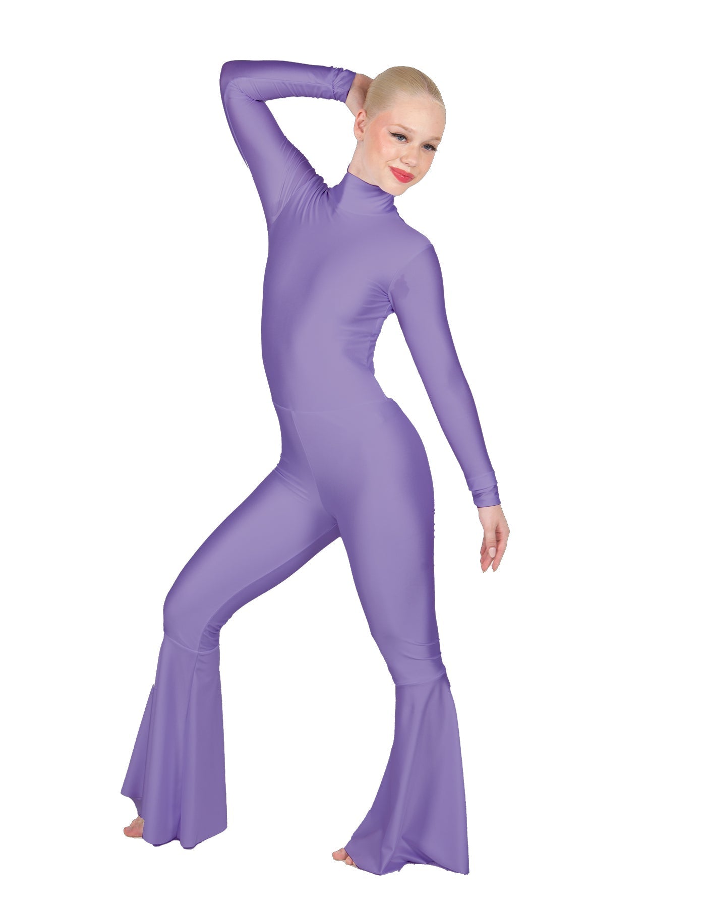 Solid Lycra LS Zipper Back Wide Flare Pant Unitard