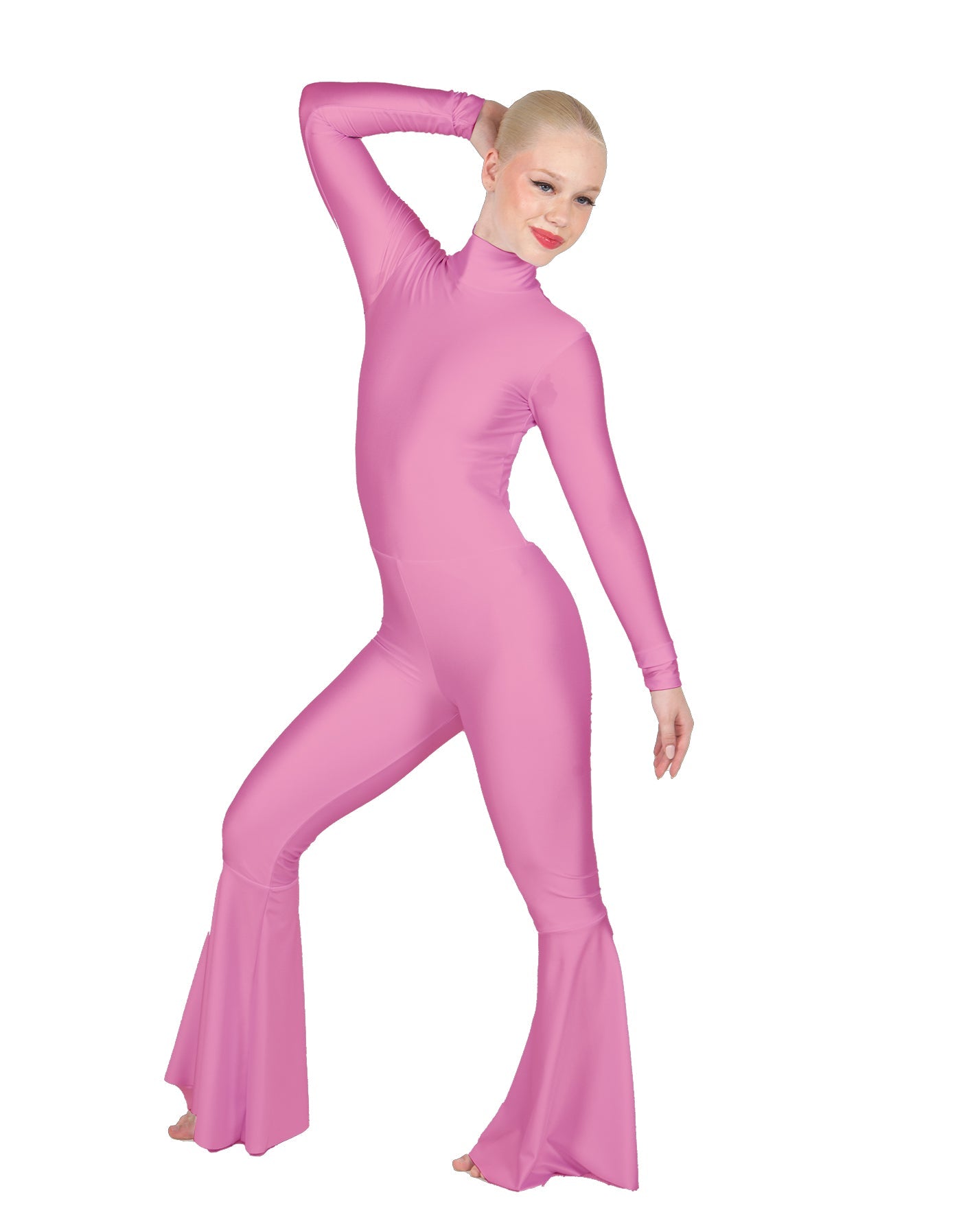 Solid Lycra LS Zipper Back Wide Flare Pant Unitard