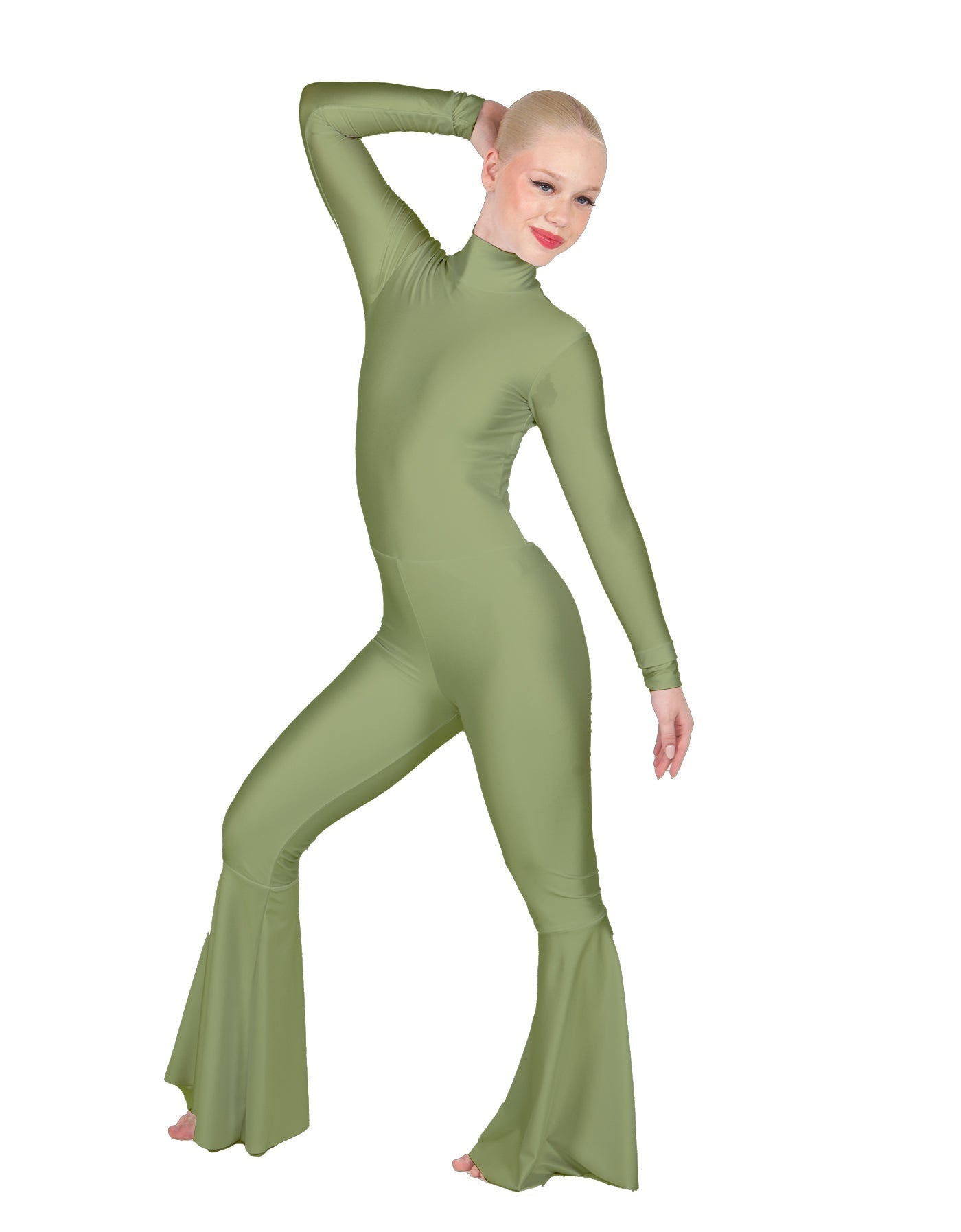 Solid Lycra LS Zipper Back Wide Flare Pant Unitard