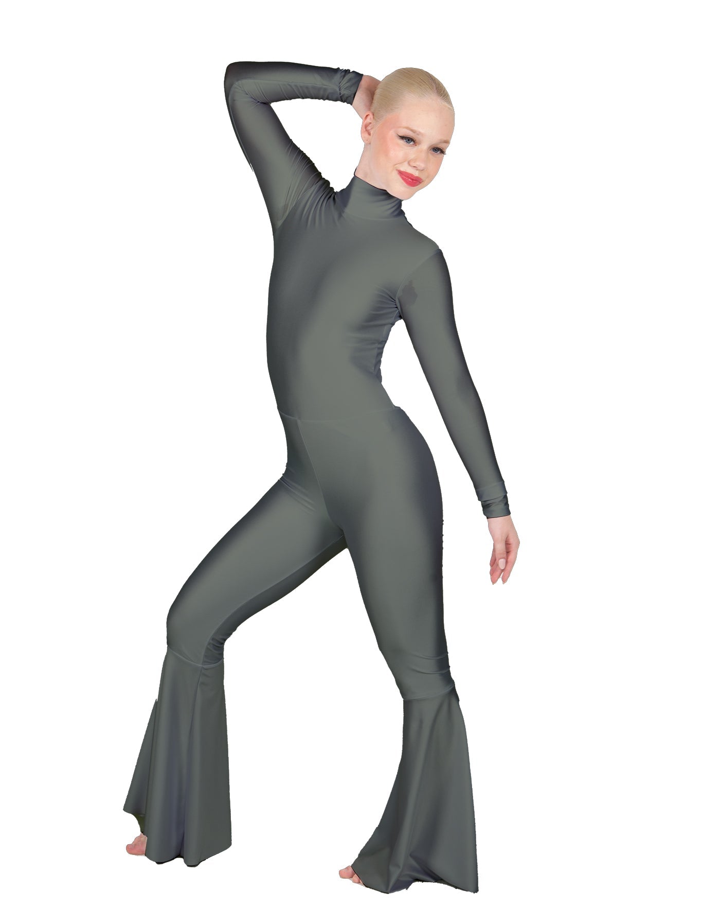 Solid Lycra LS Zipper Back Wide Flare Pant Unitard