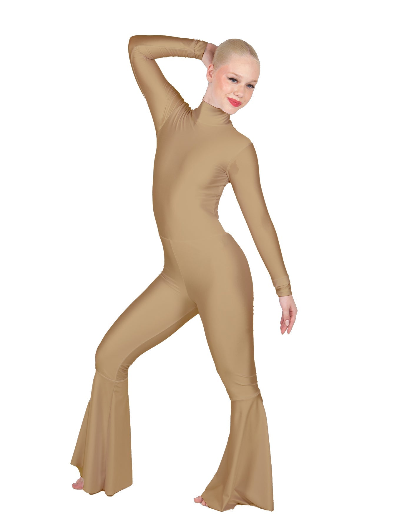Solid Lycra LS Zipper Back Wide Flare Pant Unitard