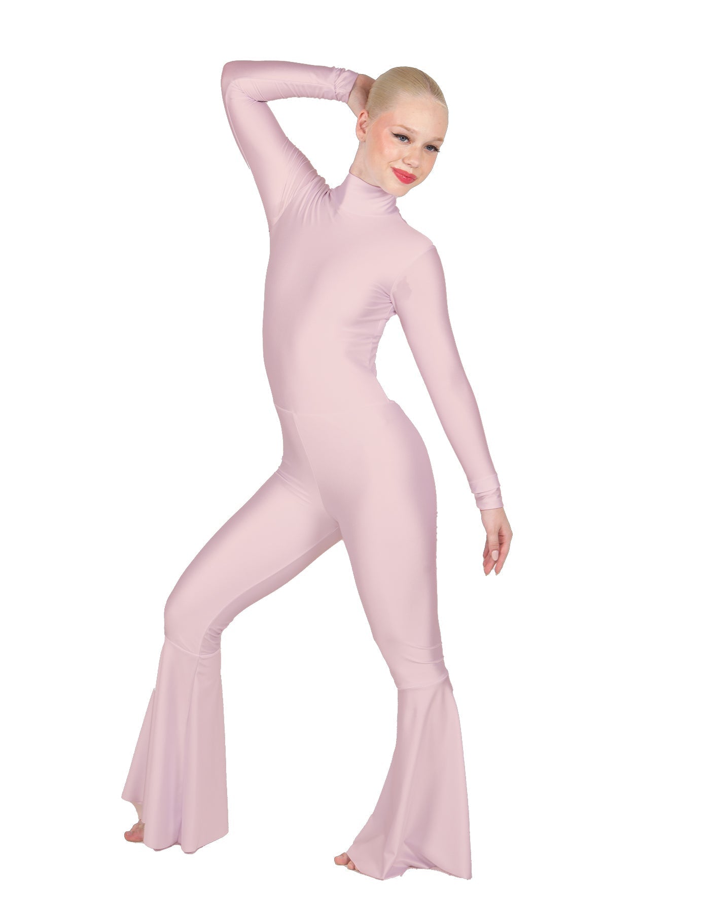Solid Lycra LS Zipper Back Wide Flare Pant Unitard
