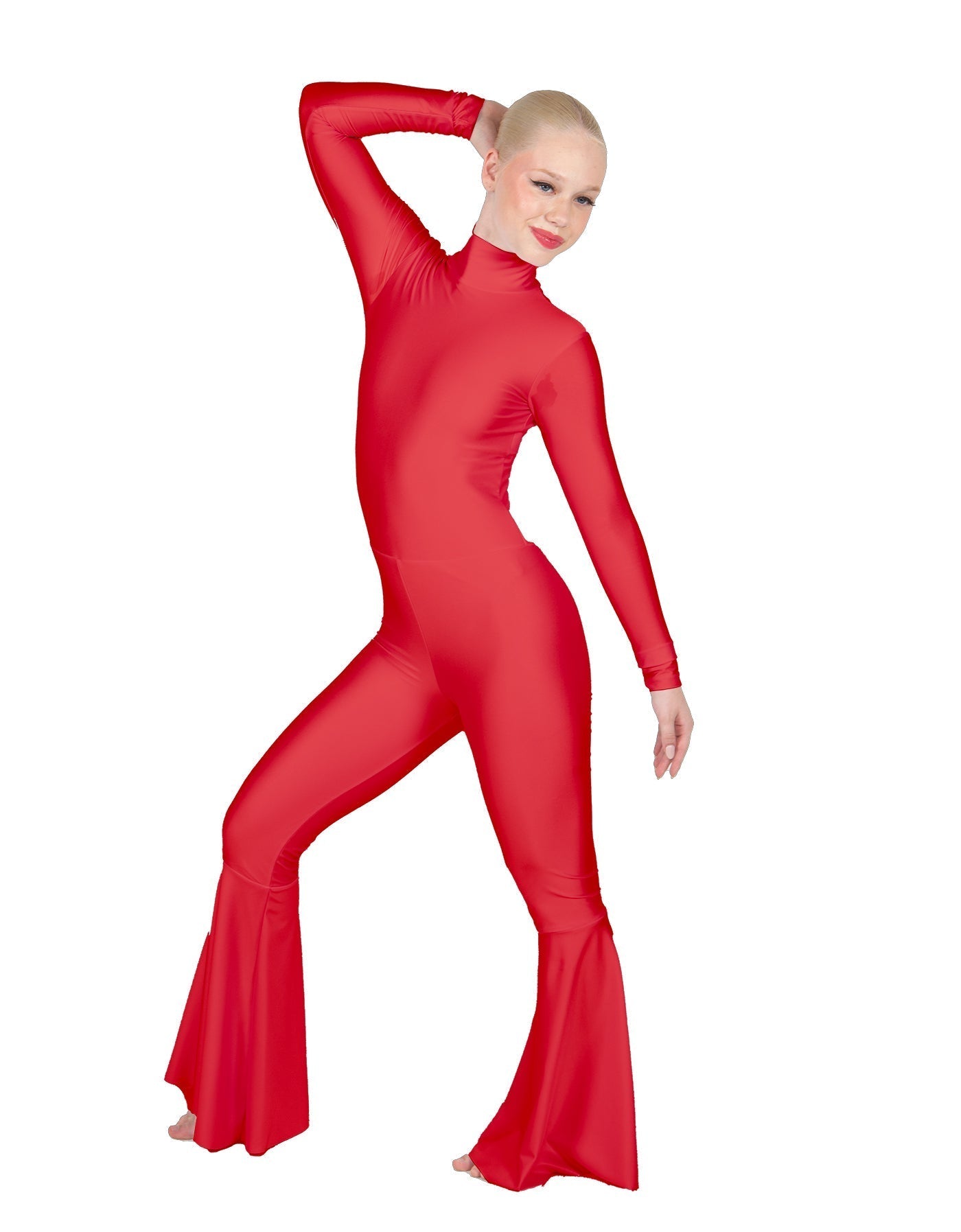 Solid Lycra LS Zipper Back Wide Flare Pant Unitard