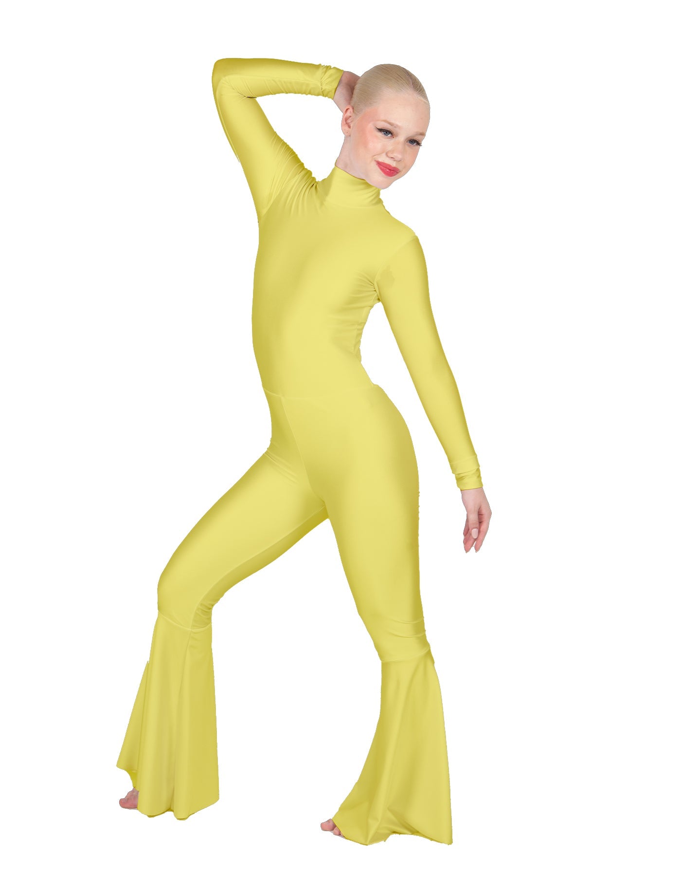 Solid Lycra LS Zipper Back Wide Flare Pant Unitard