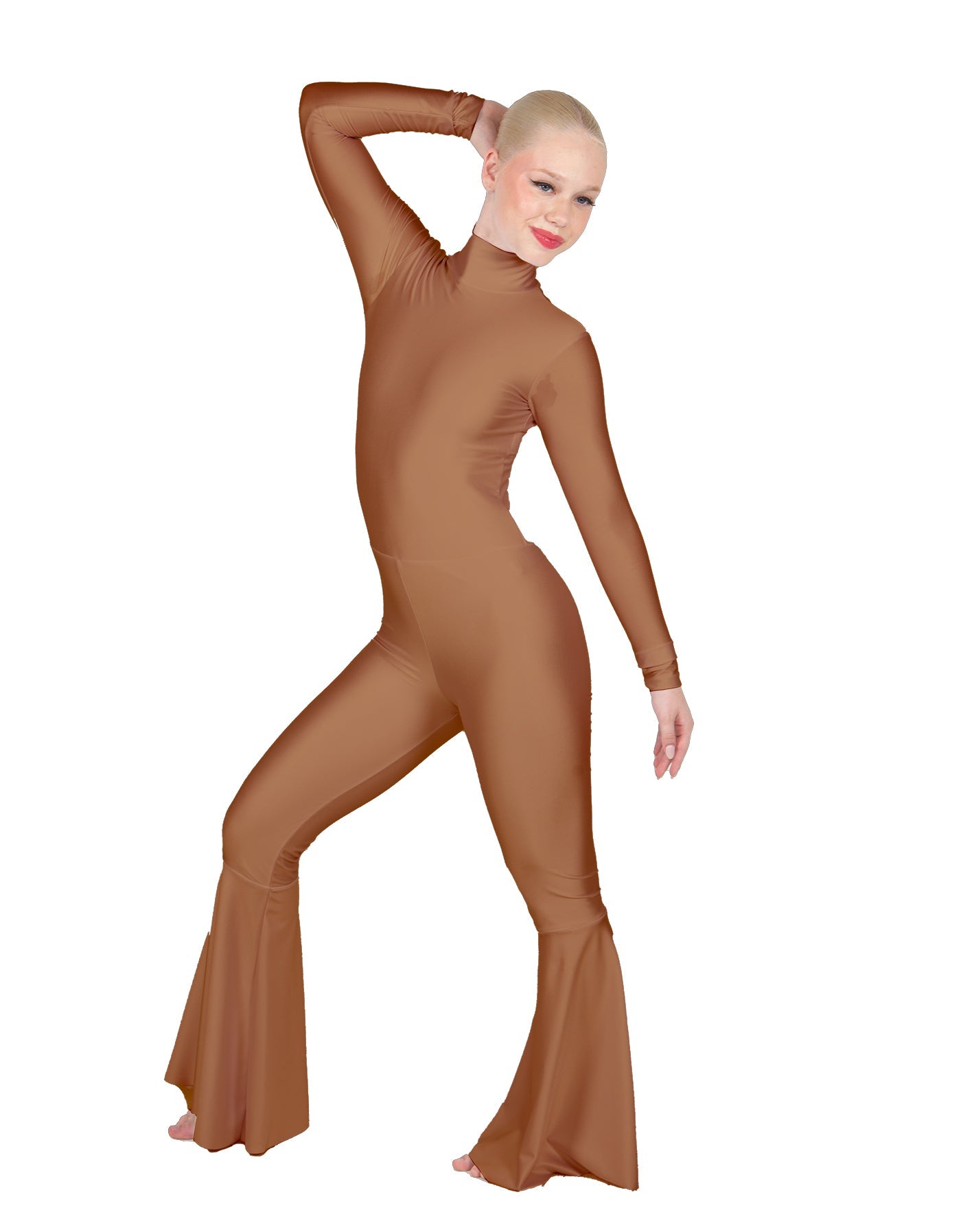 Solid Lycra LS Zipper Back Wide Flare Pant Unitard