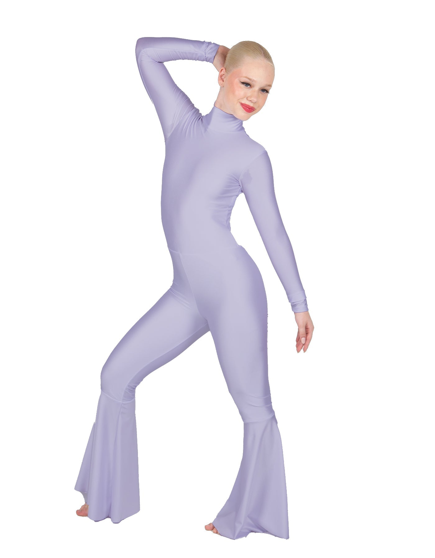 Solid Lycra LS Zipper Back Wide Flare Pant Unitard